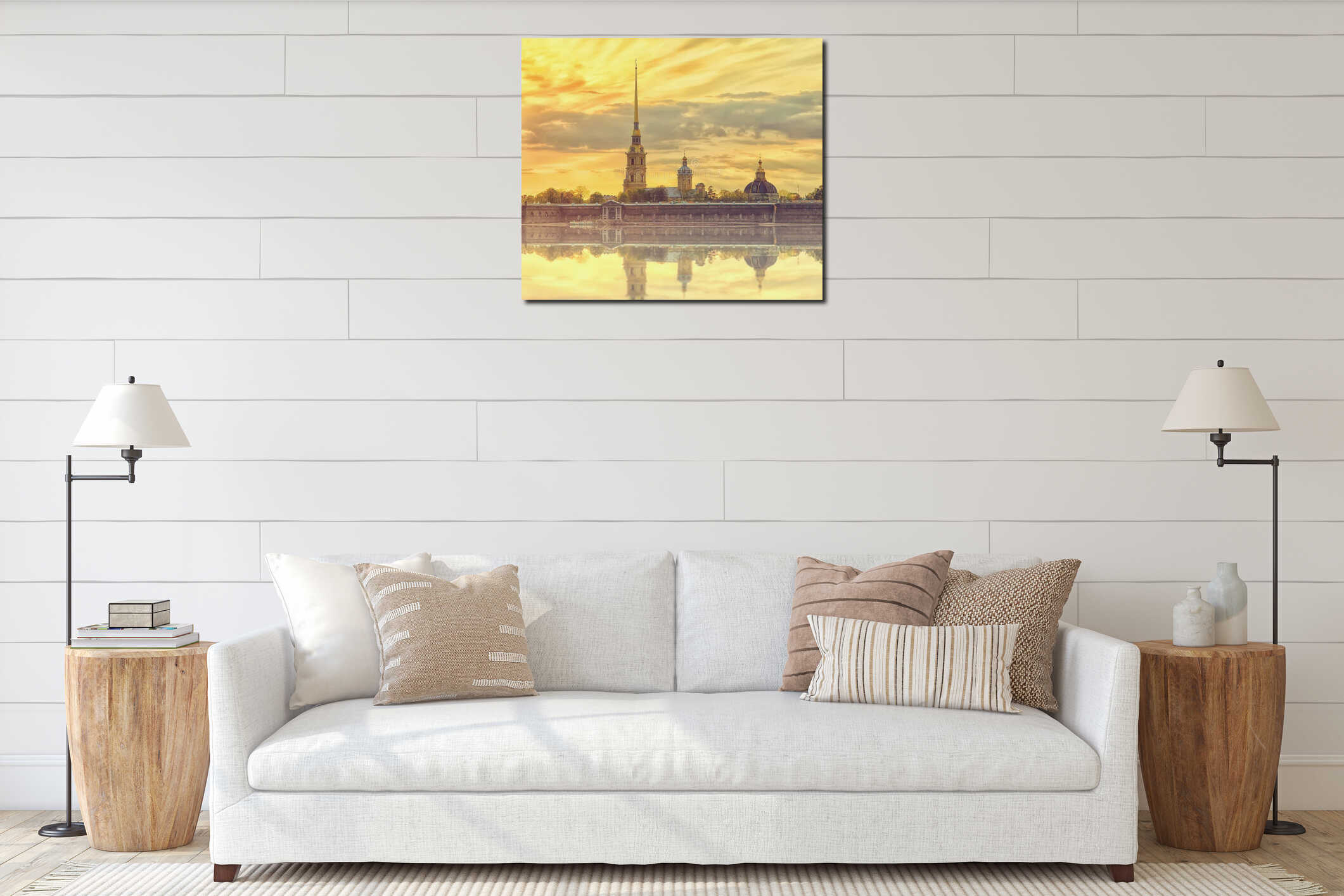 Classic view of Saint-Petersburg river scape at sunset, Peter and Paul fortress interior mockup