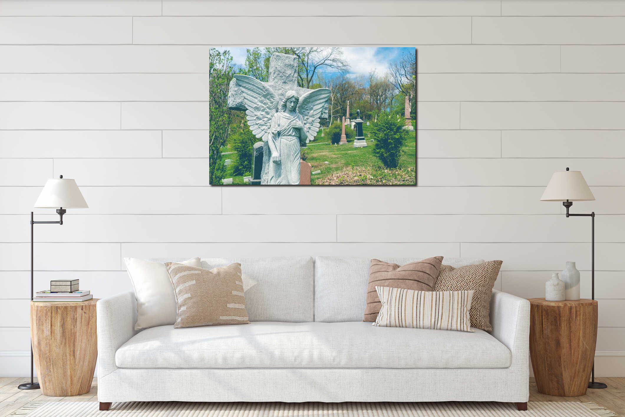 Angel before a cross statue in a cemetary interior mockup