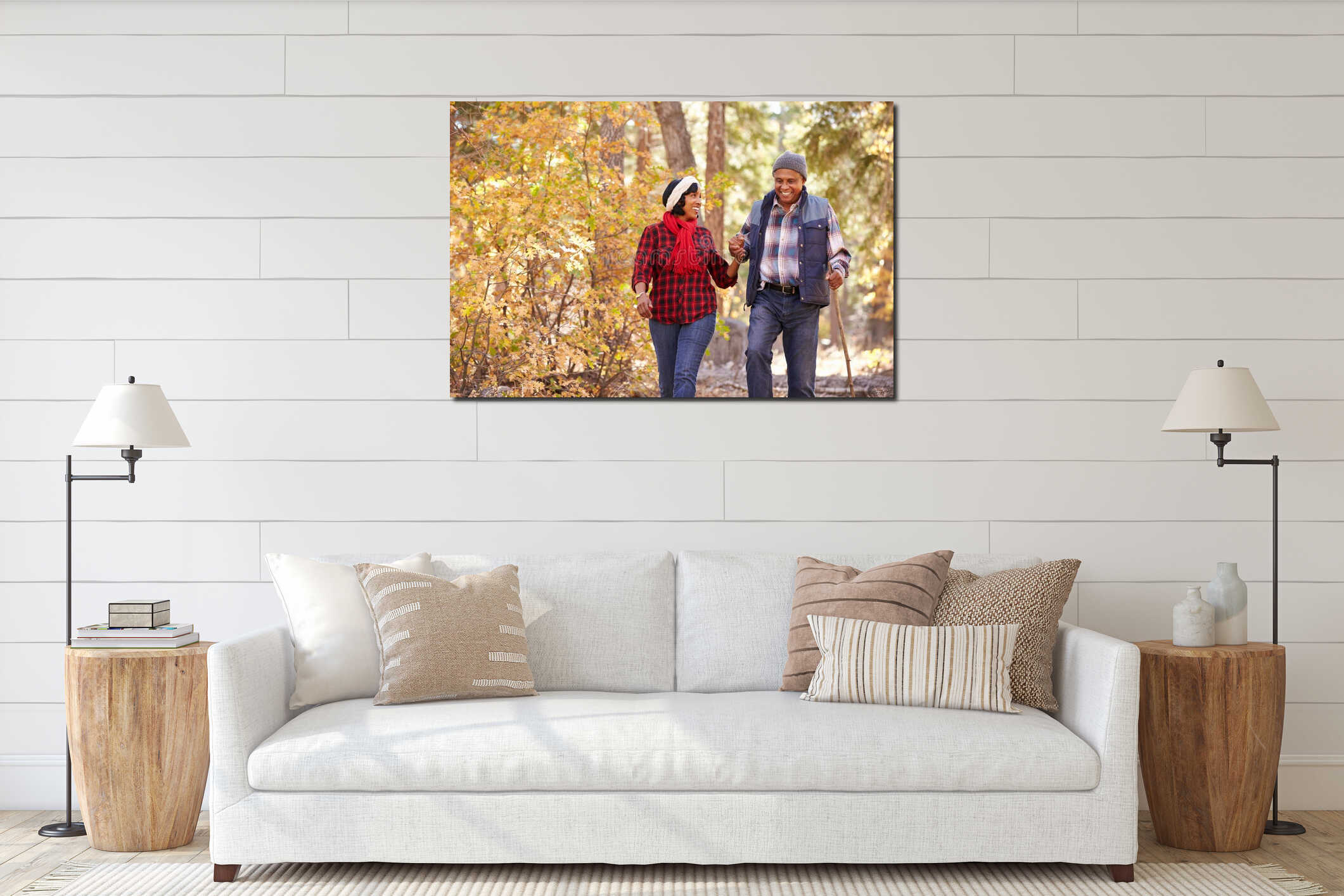 Senior African American Couple Walking Through Fall Woodland interior mockup