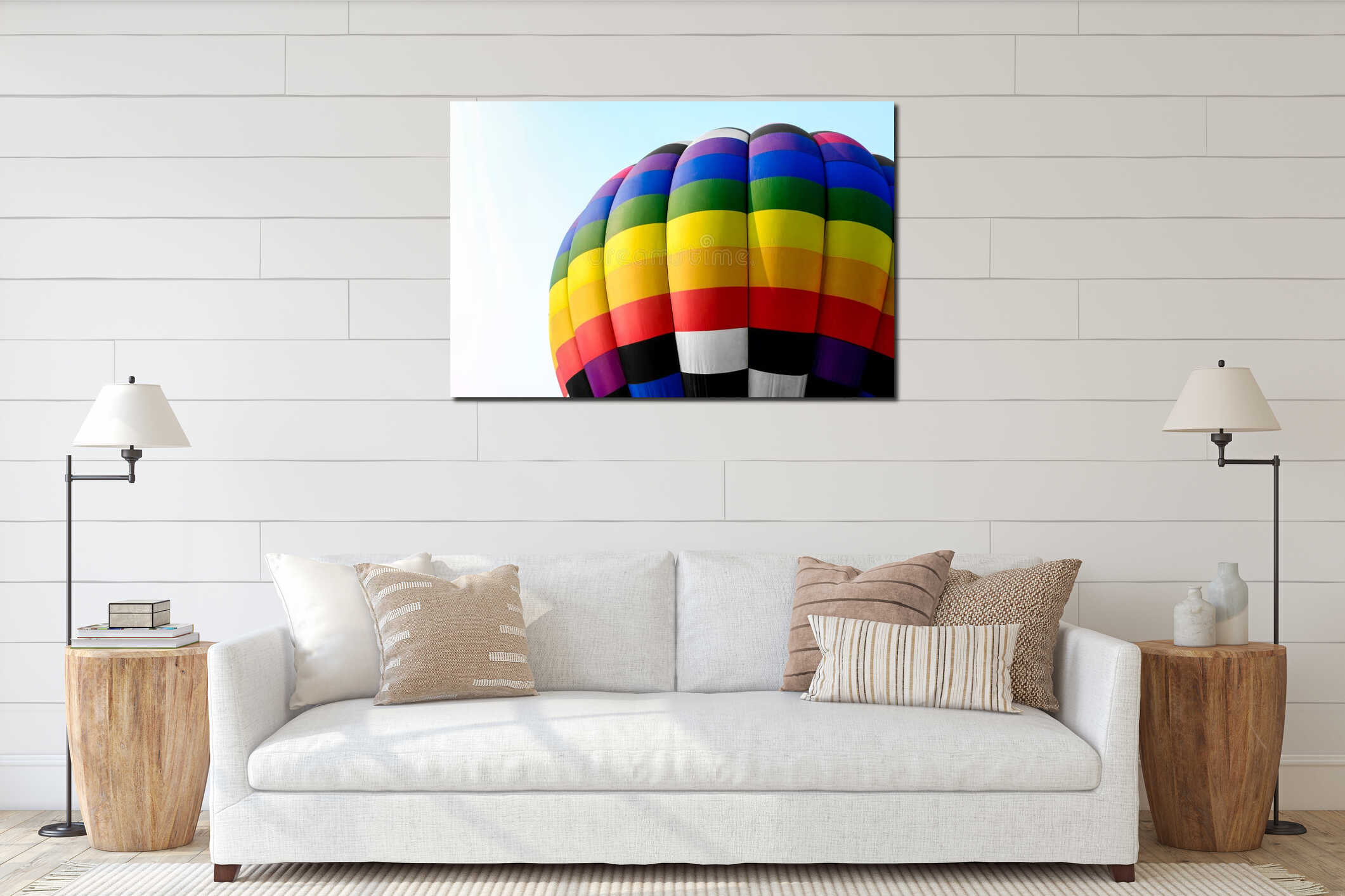 Close-up colorful hot air balloons interior mockup