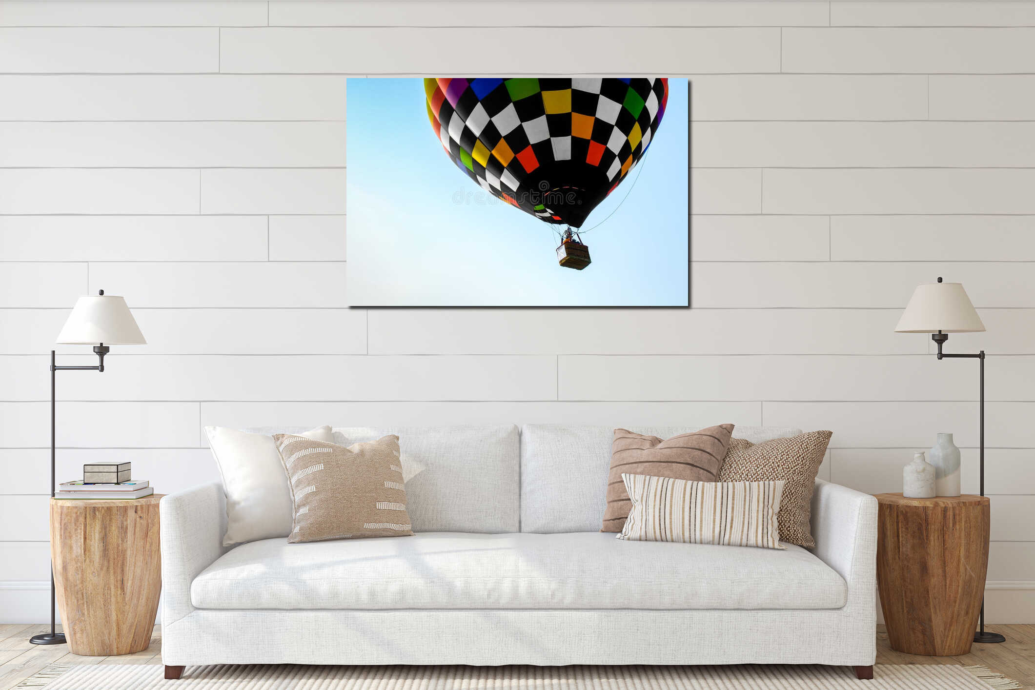 Close-up colorful hot air balloons interior mockup