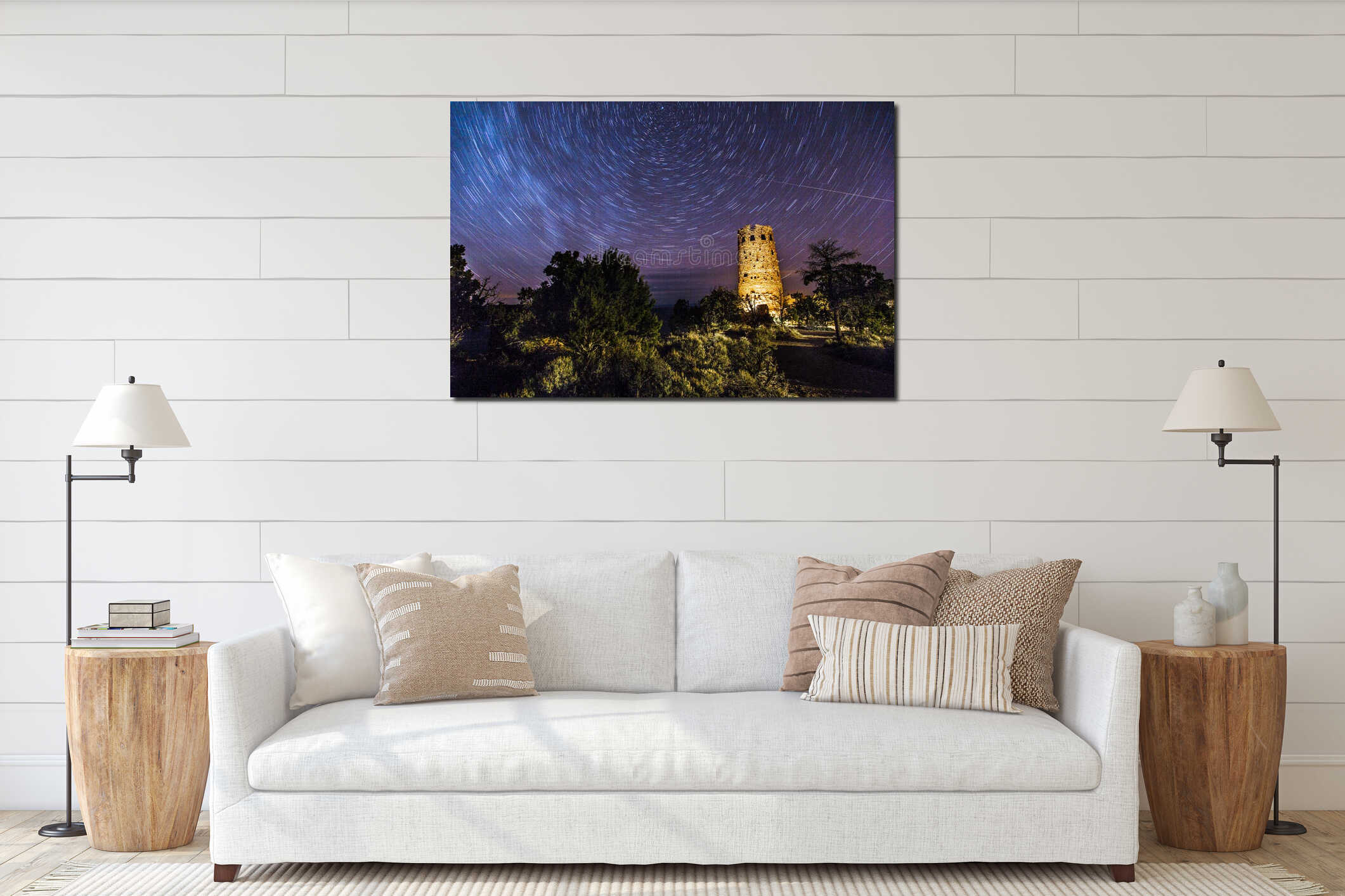 Night shot at the Grand Canyon, stars in the sky, watch tower in the foreground. interior mockup