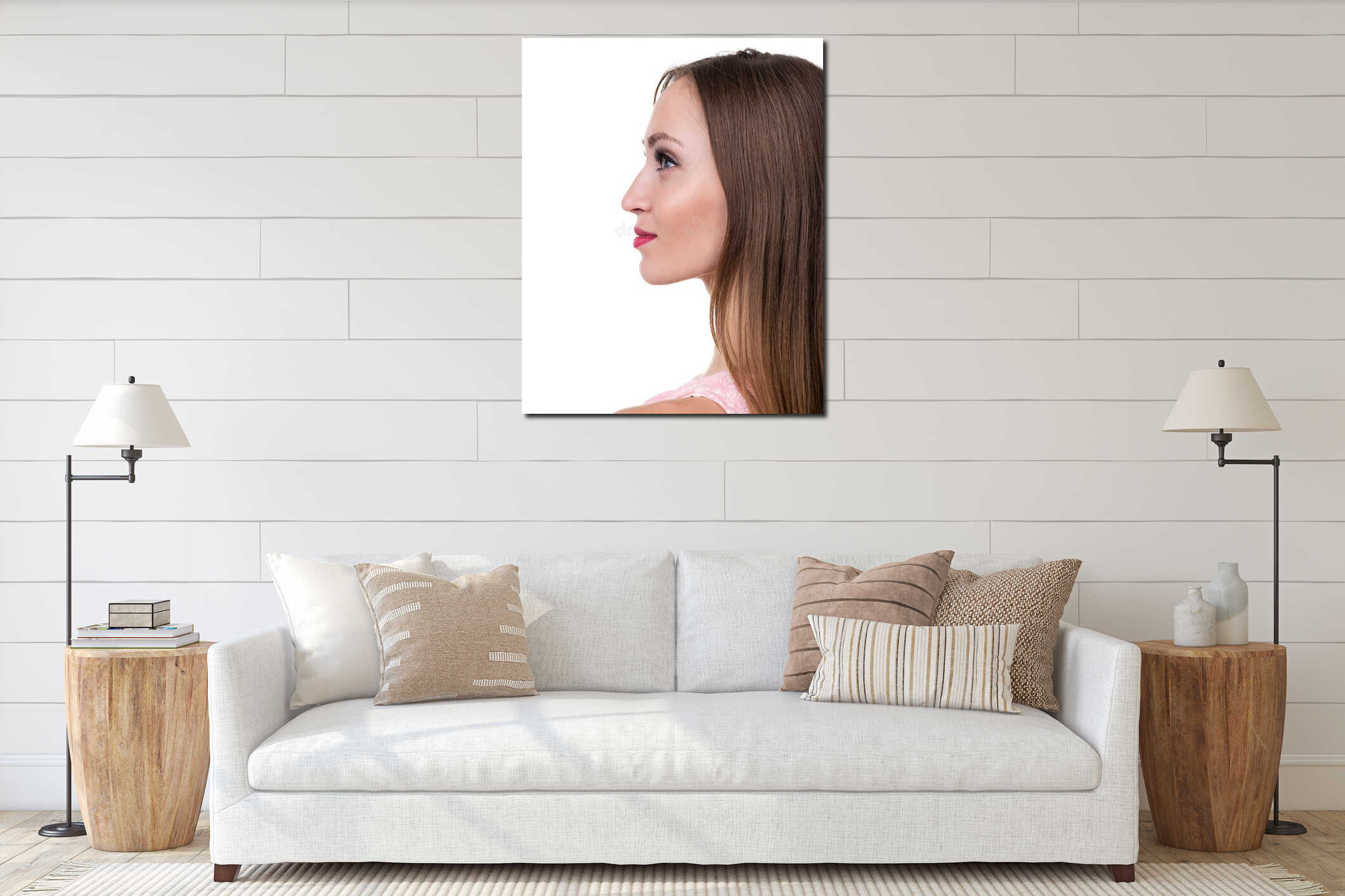 Profile side portrait of beautiful young woman, isolated over white interior mockup