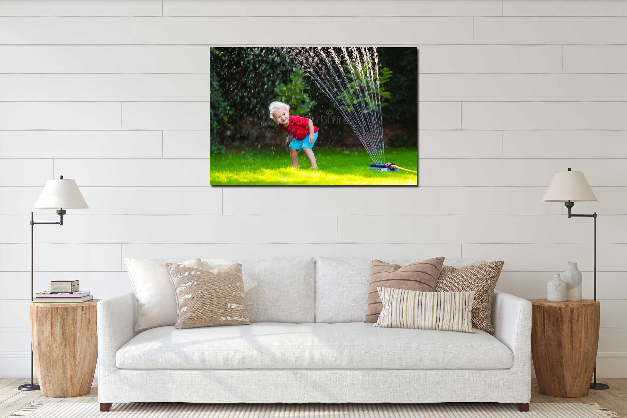Kids playing with garden sprinkler interior mockup