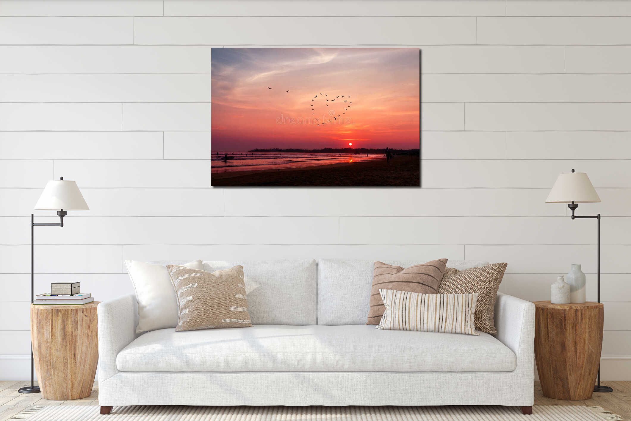 Birds heart silhouettes flying above the sea against sunset interior mockup