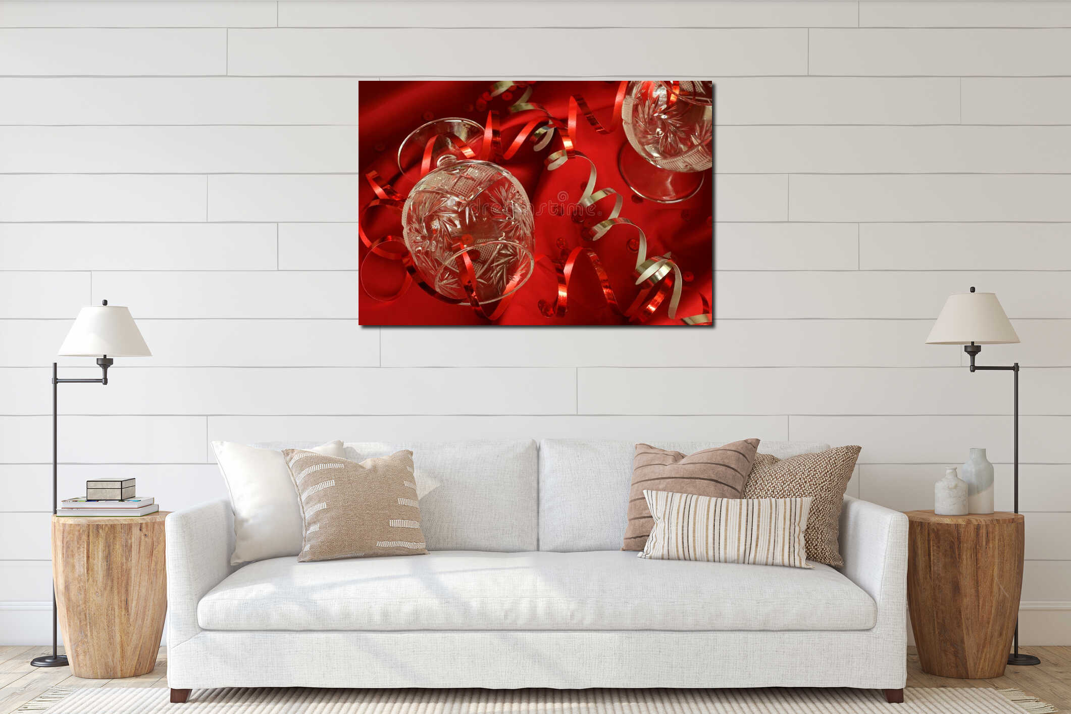 Wineglass and red silver christmas ornament interior mockup