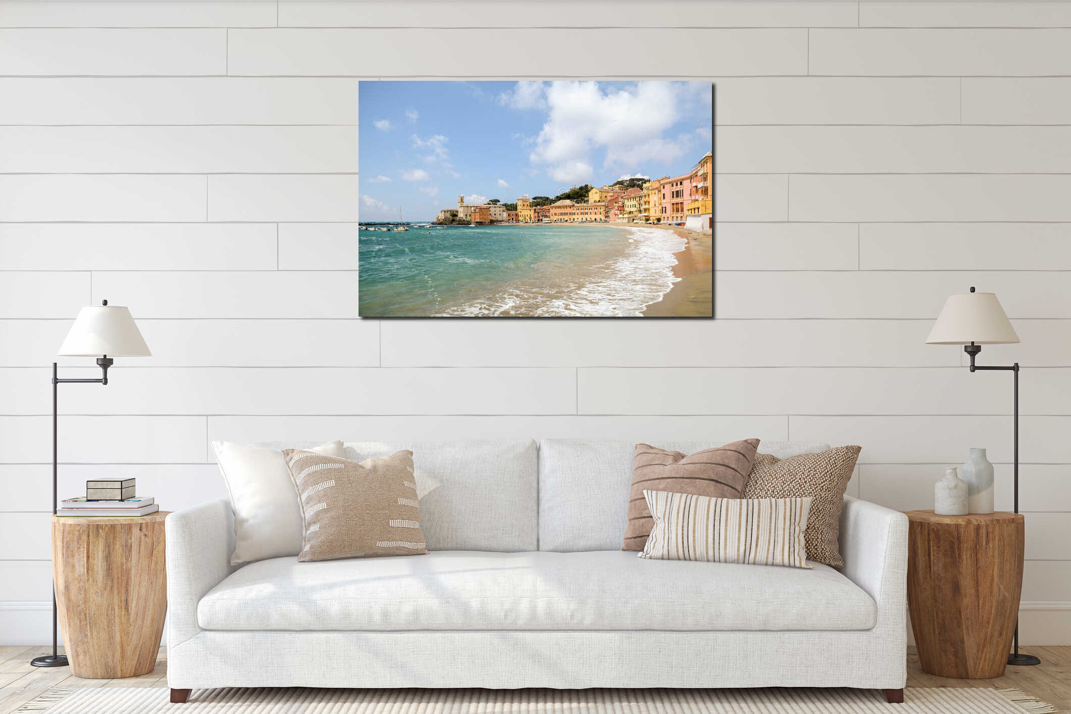 Sestri Levante, Liguria: Seaside with old town and beach Baia del Silenzio - Bay of Silence, Italy interior mockup