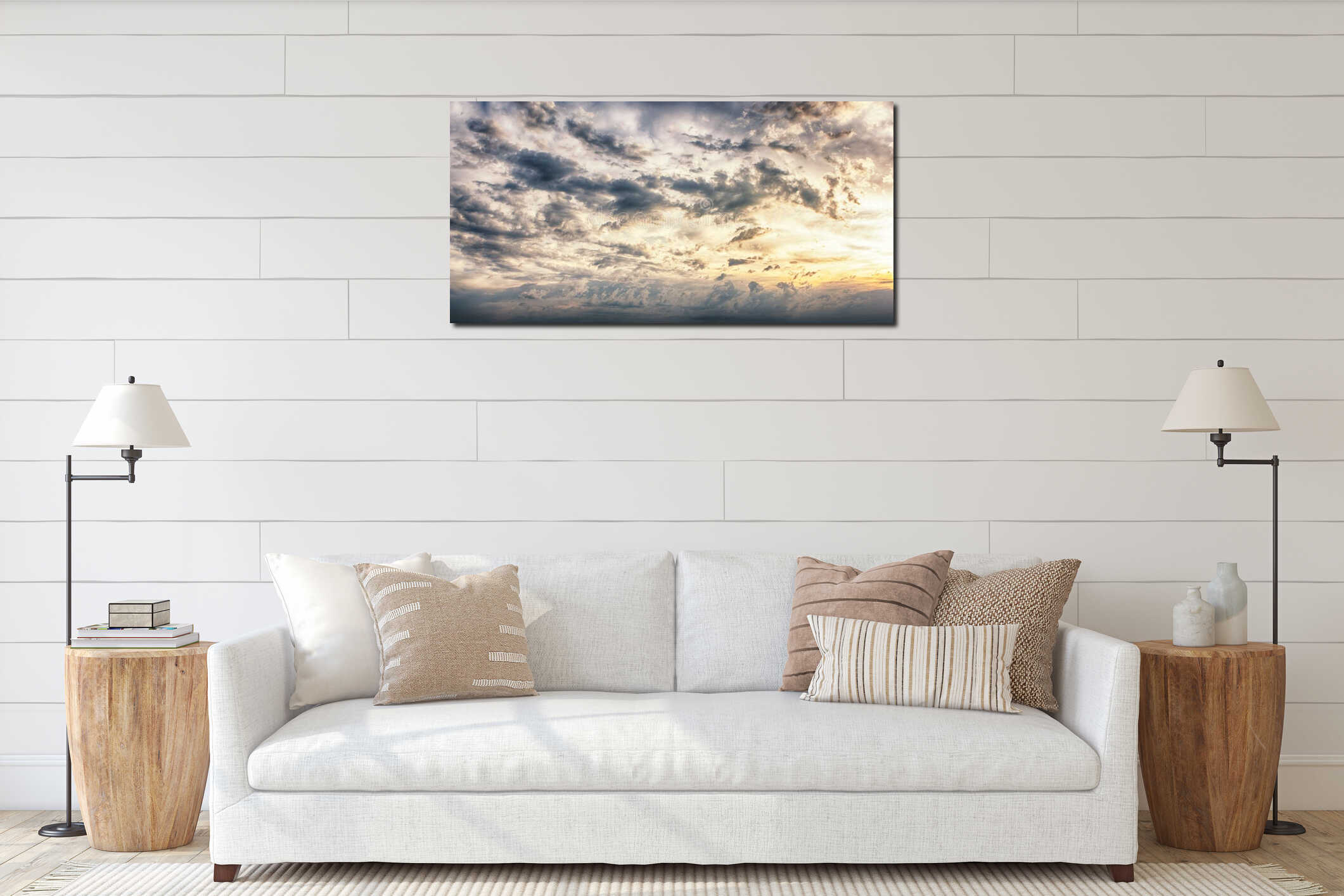 Dramatic sunset sky interior mockup