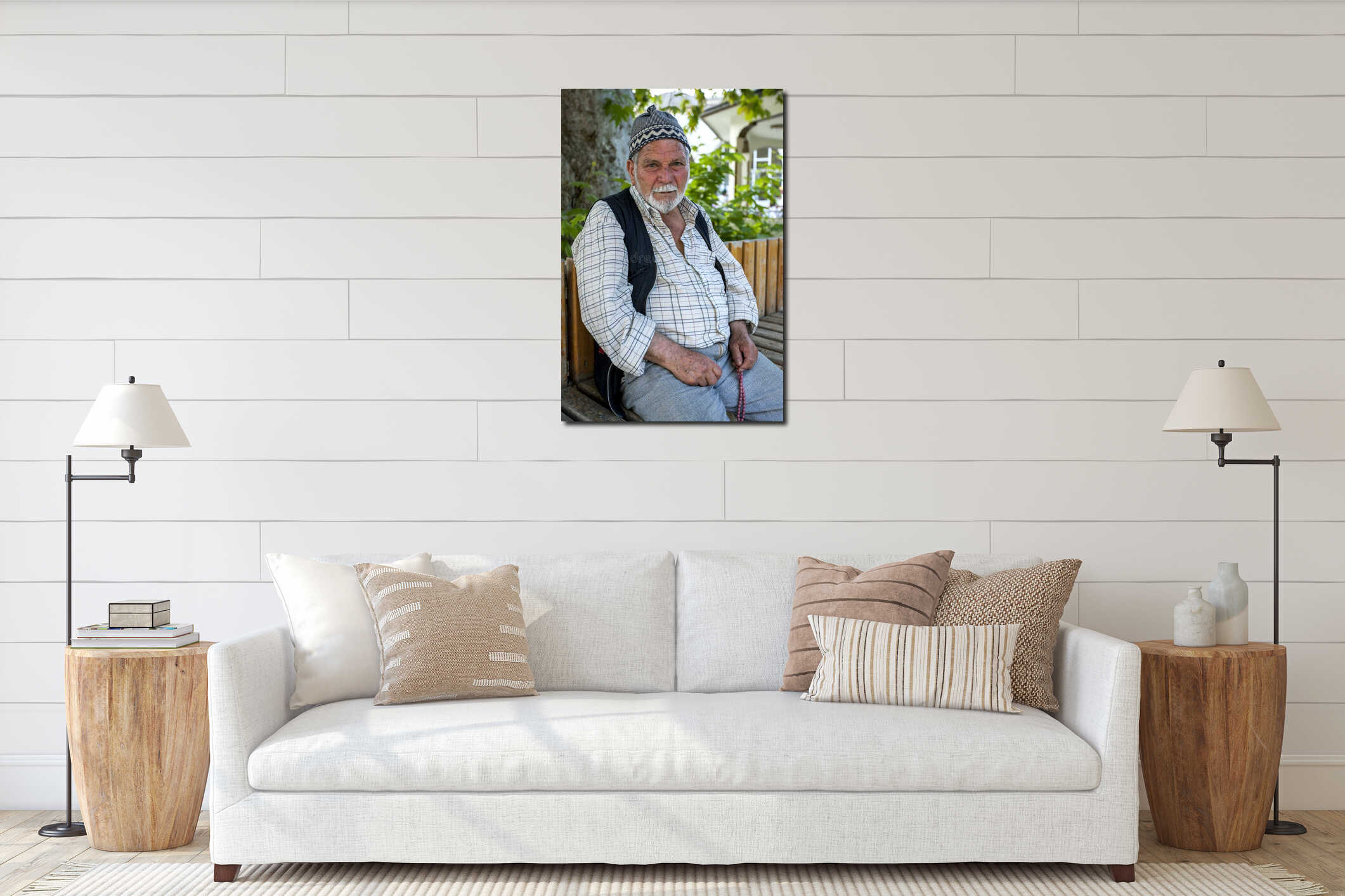 A Turkish man sits outside the Ketenci Omer Pasha Cami in Elmali in Turkey. interior mockup