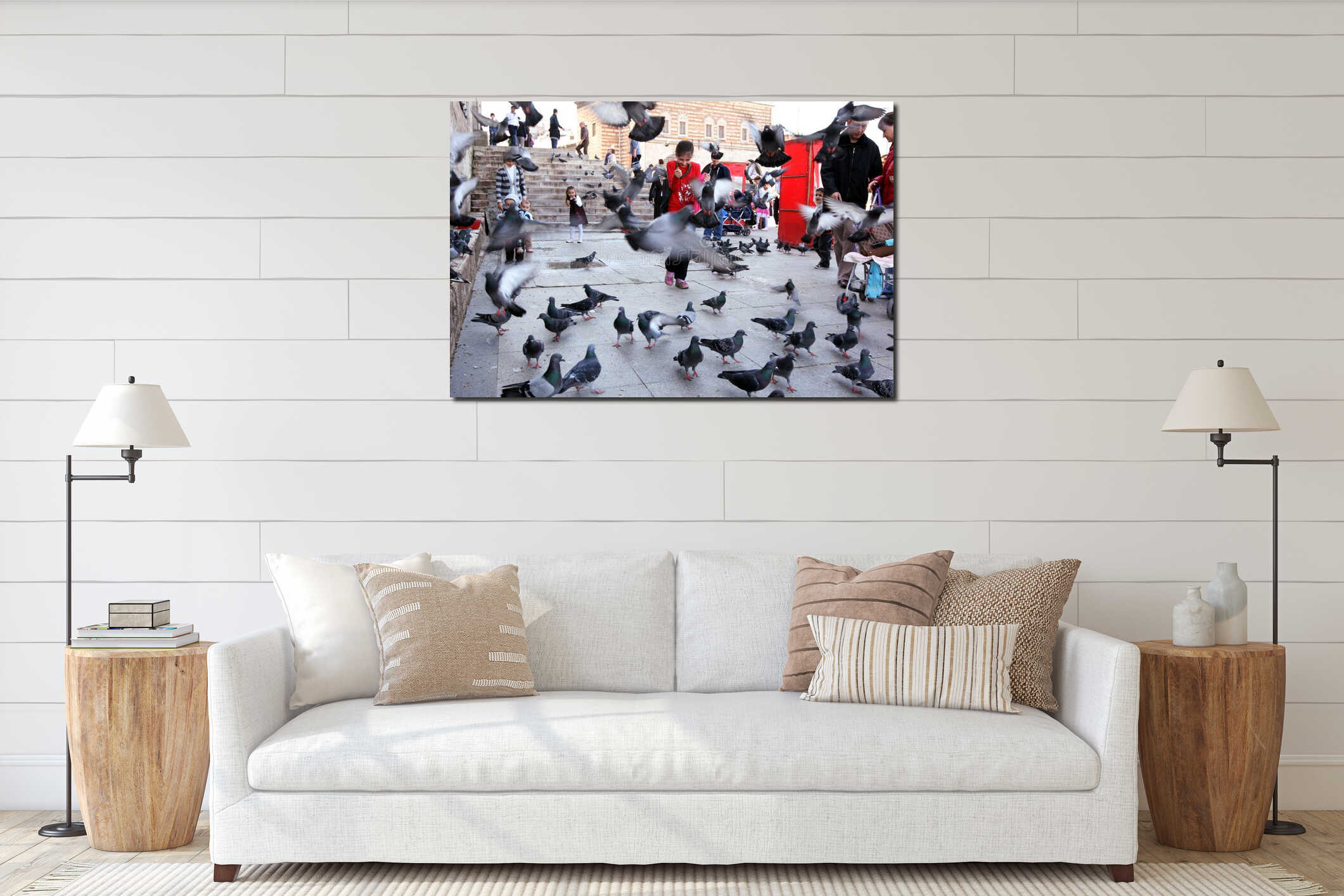 Children play among the pigeons next to Yeni Camii (New Mosque), Eminonu, Istanbul, Turkey. interior mockup