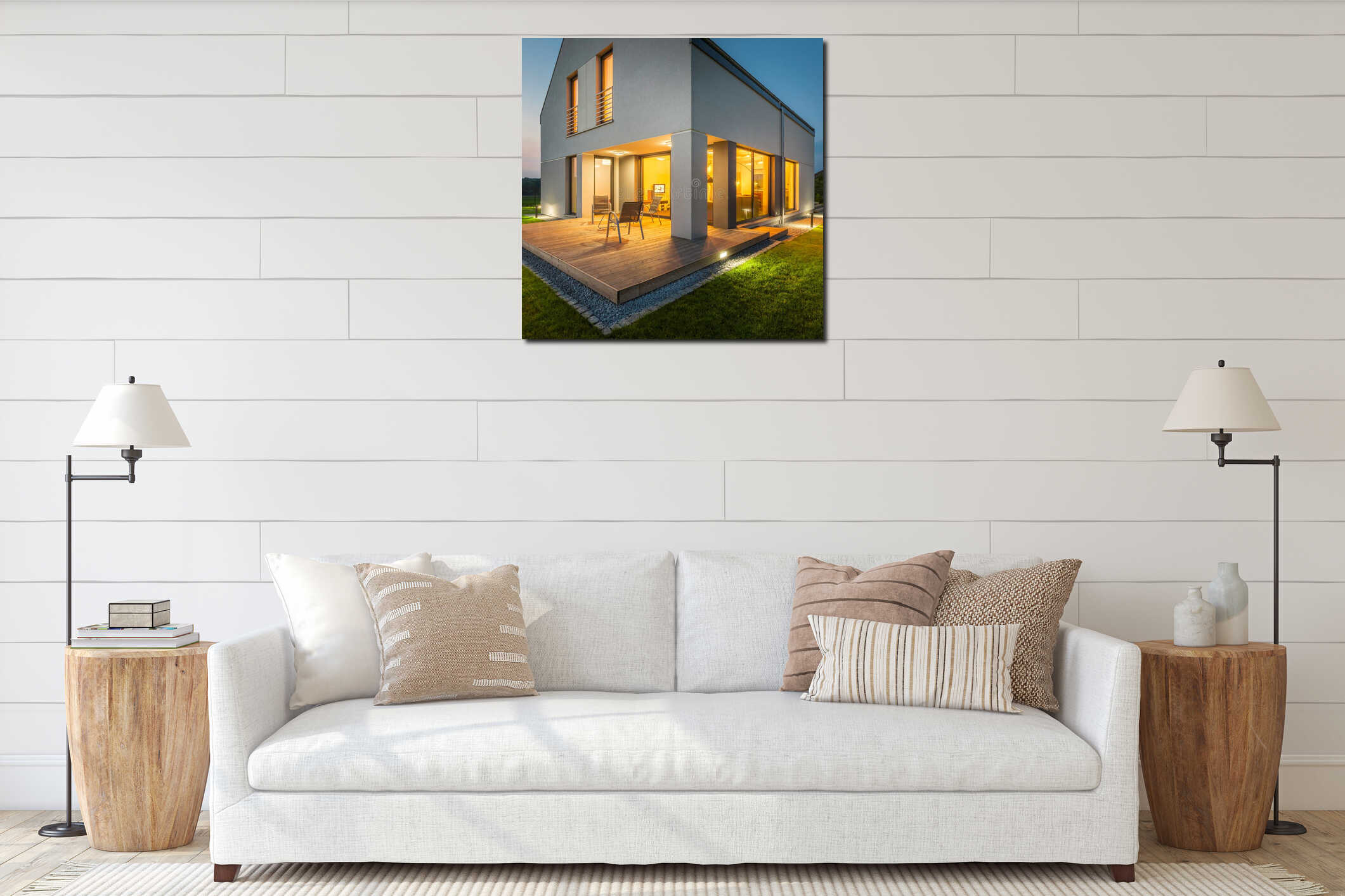 House with all lights on interior mockup