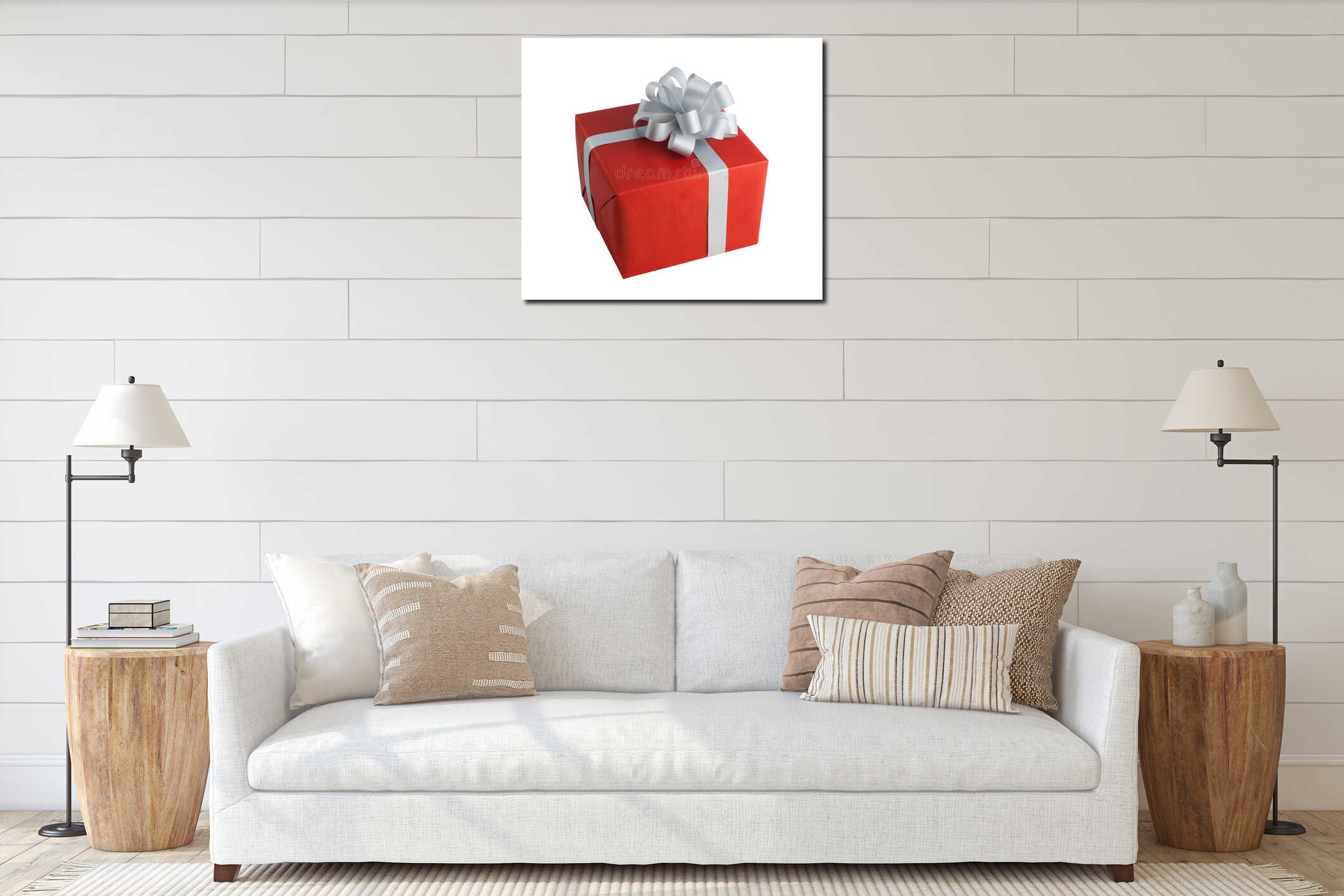 Red paper wrap gift box gray bow present christmas birthday isolated background interior mockup