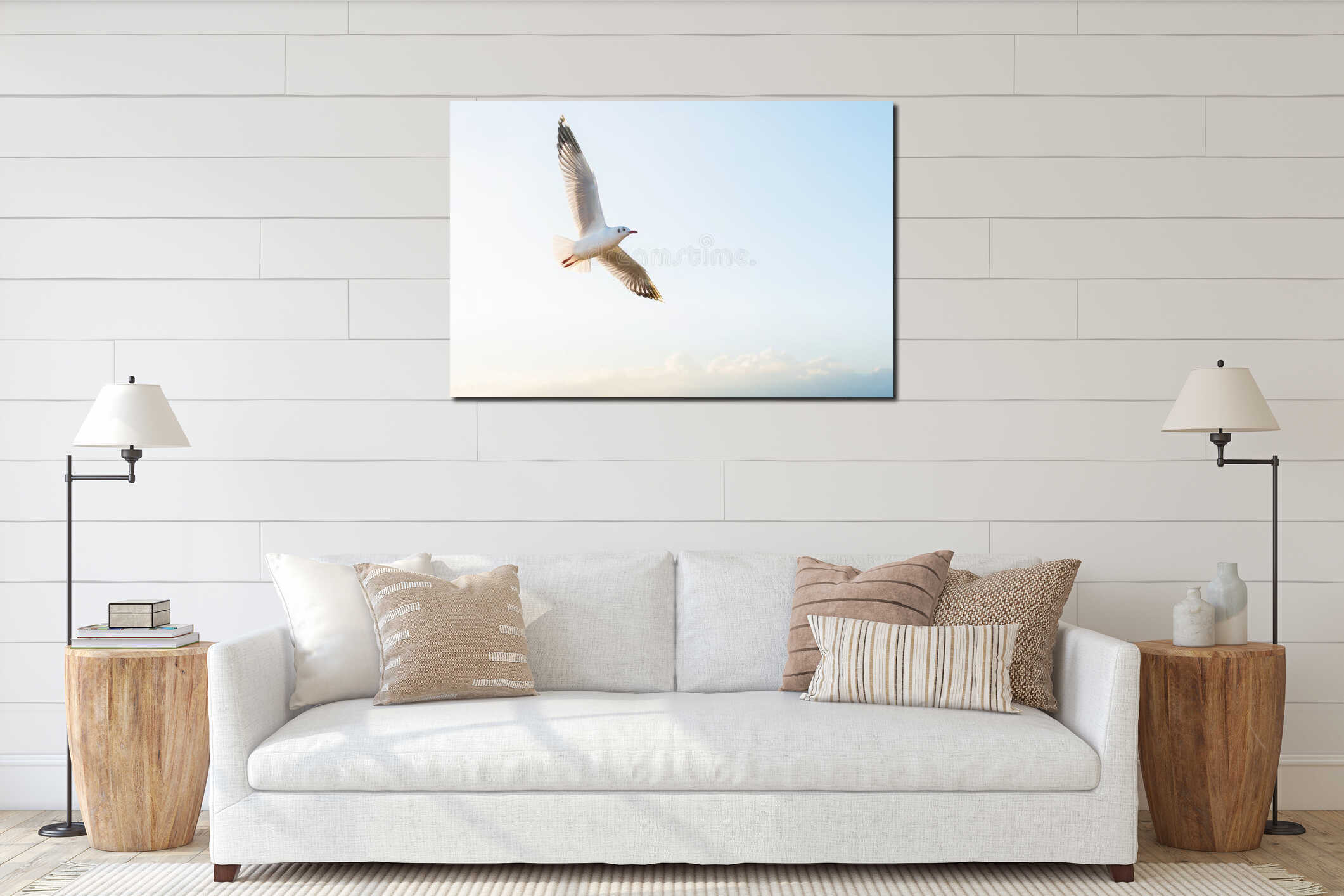 Soft focus seagull flying on the sky interior mockup