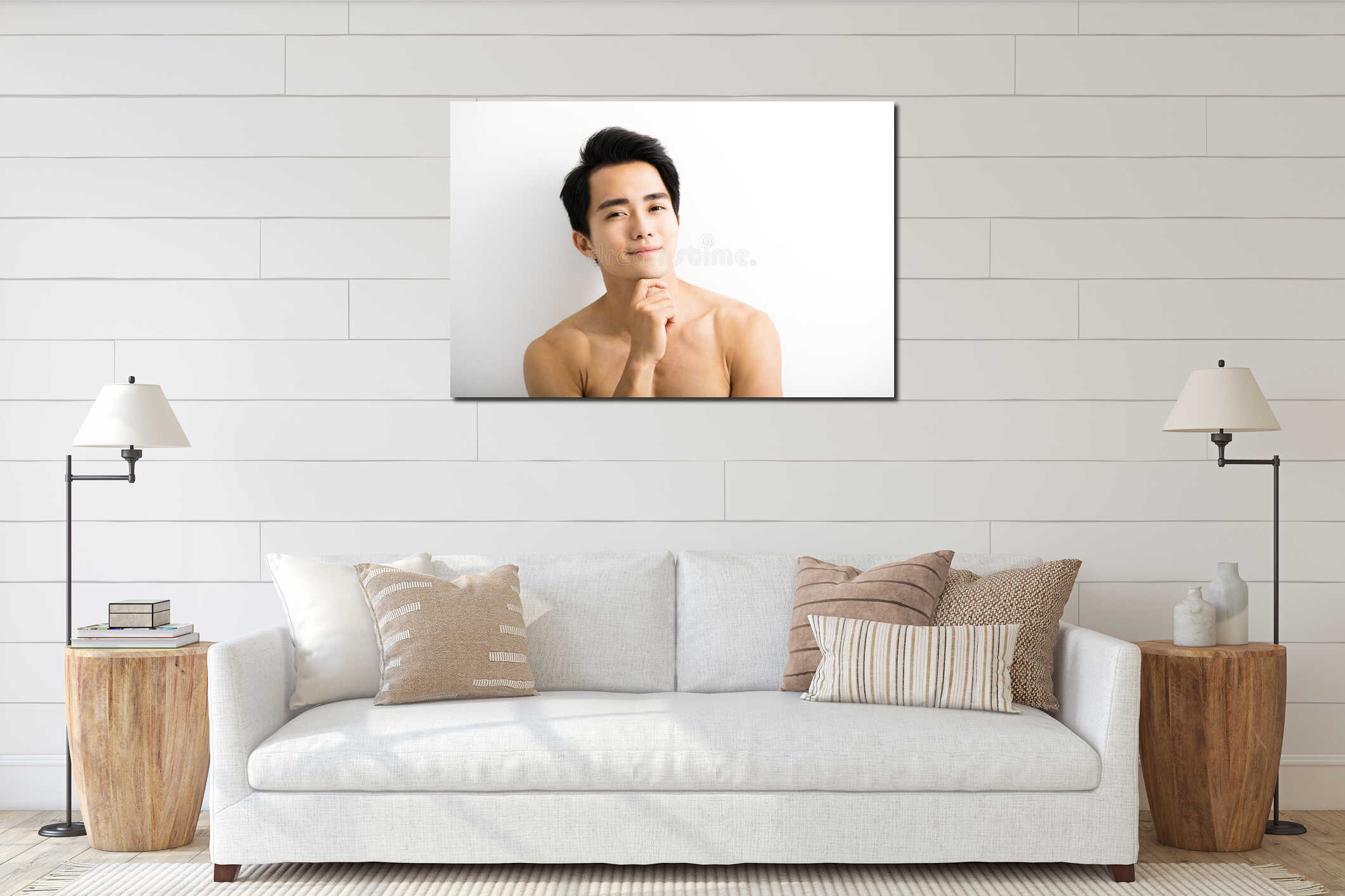 Close up portrait of handsome young man interior mockup