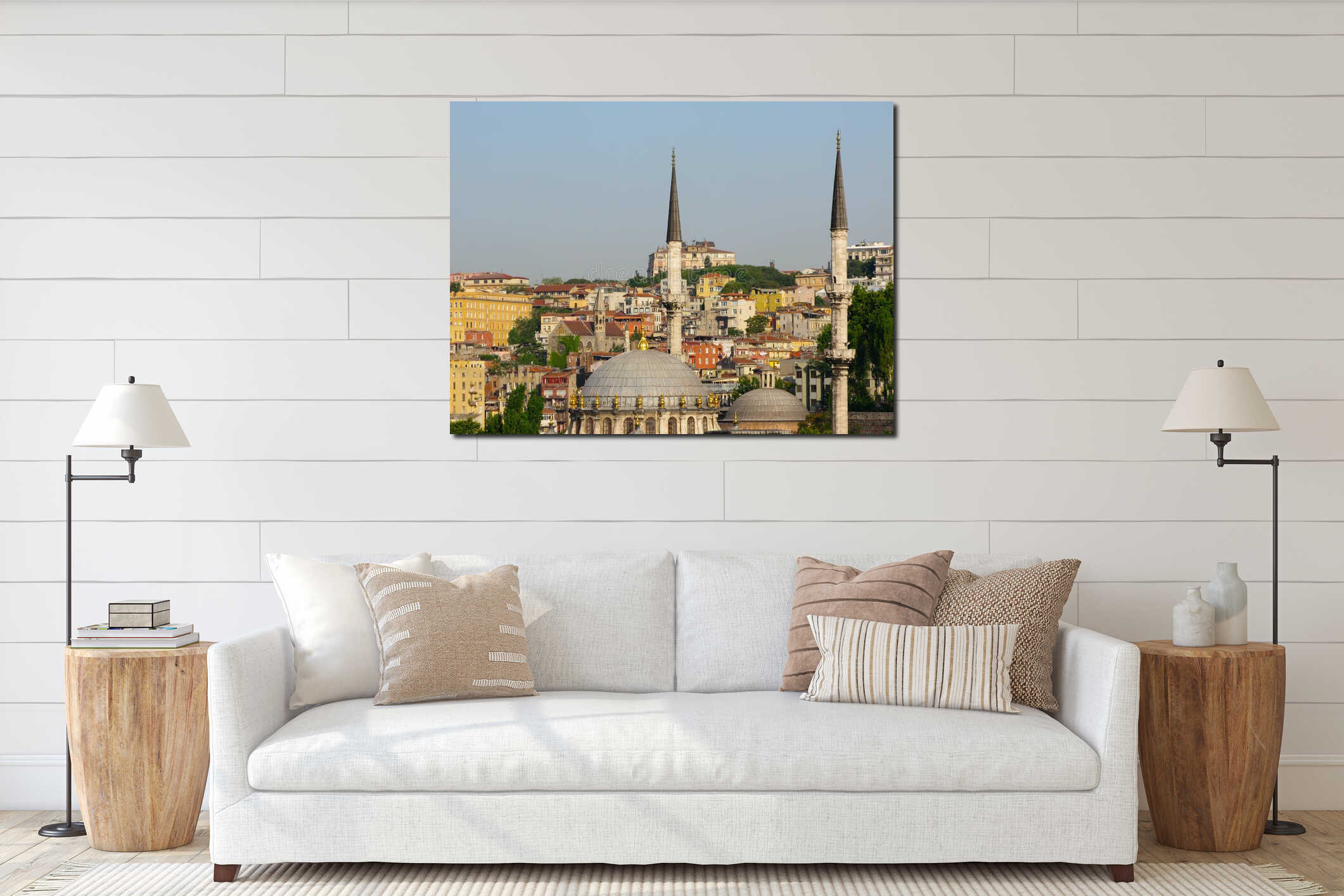 Istanbul, Turkey skyline with minarets and mosque interior mockup