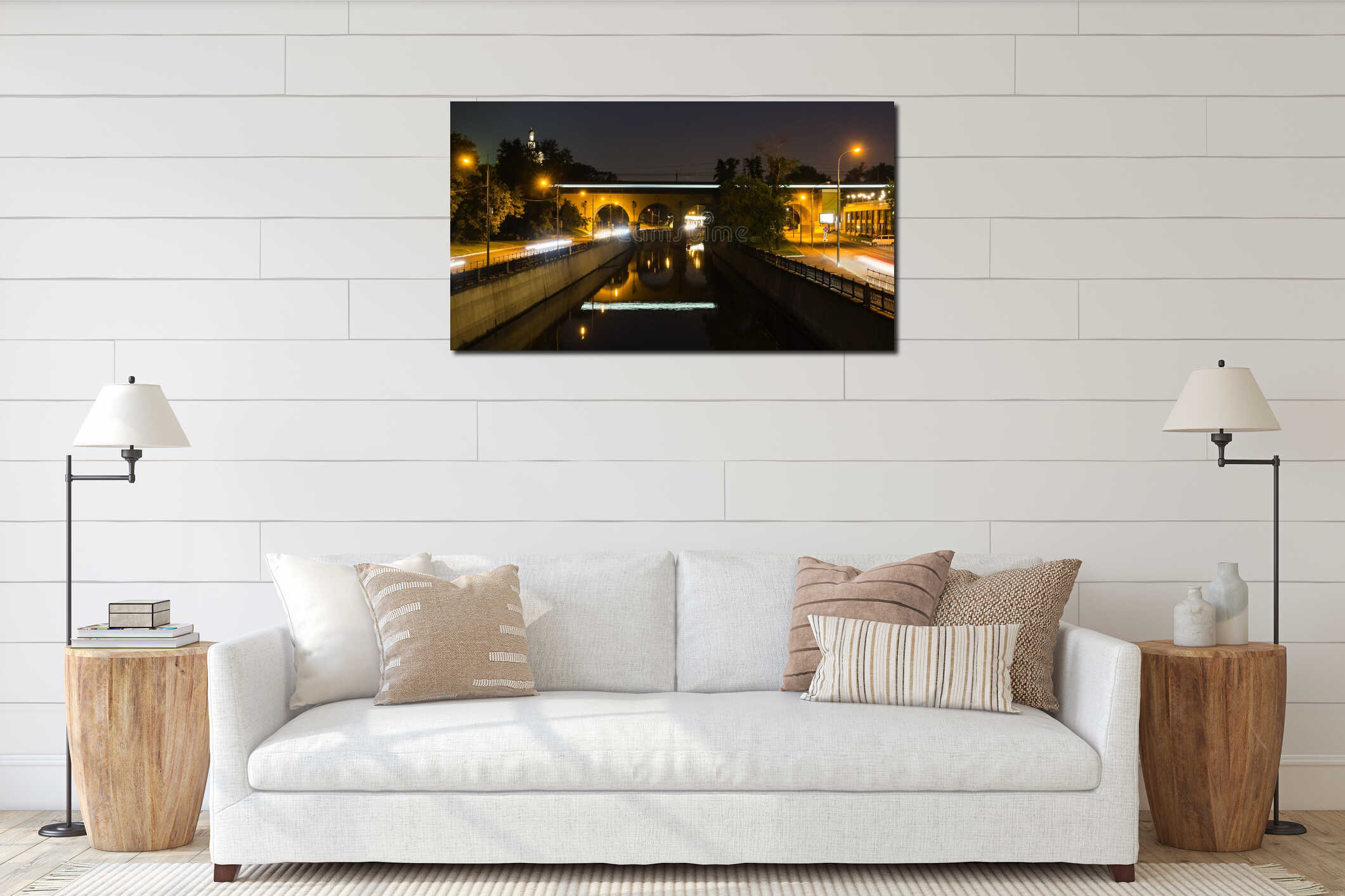 Embankment, reflection in water , night scene interior mockup