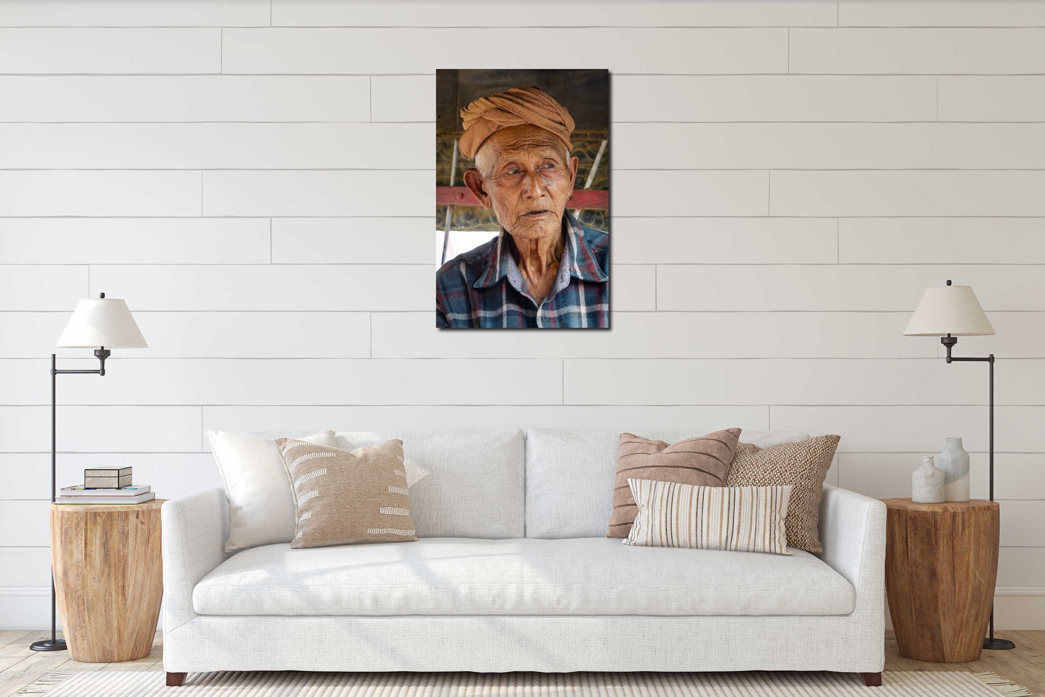 Portrait of Burmese man at Mingun town in Mandalay, Myanmar interior mockup