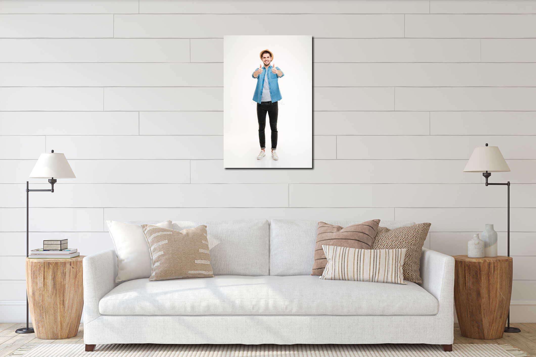 Full length portrait cheerful young man showing thumbs up interior mockup