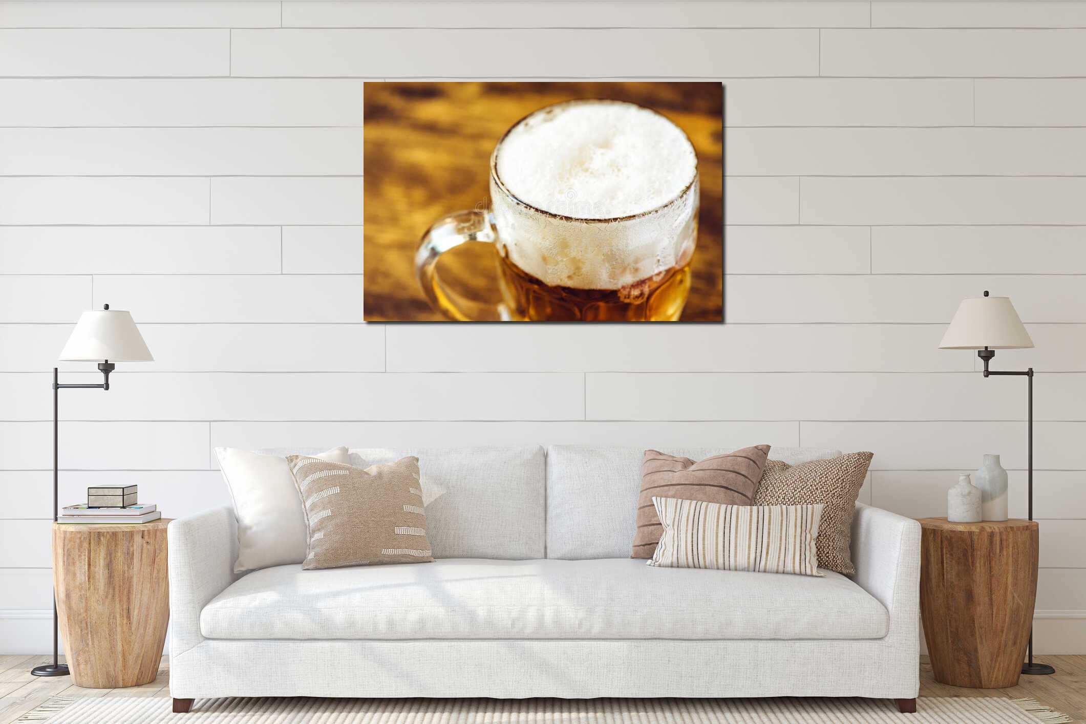 Beer mug full of cold fresh alcohol drink interior mockup