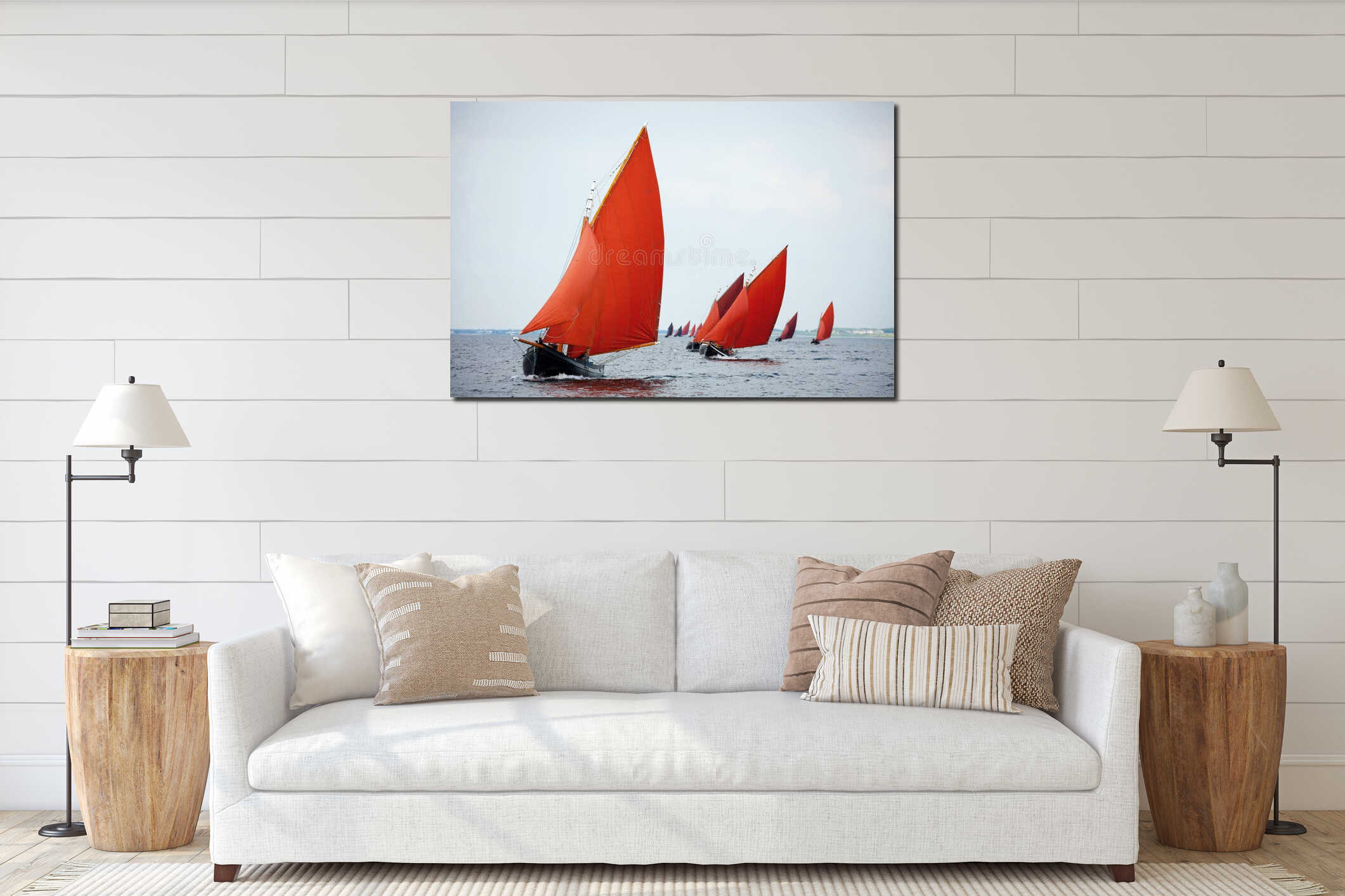 Traditional wooden boat with read sail. interior mockup