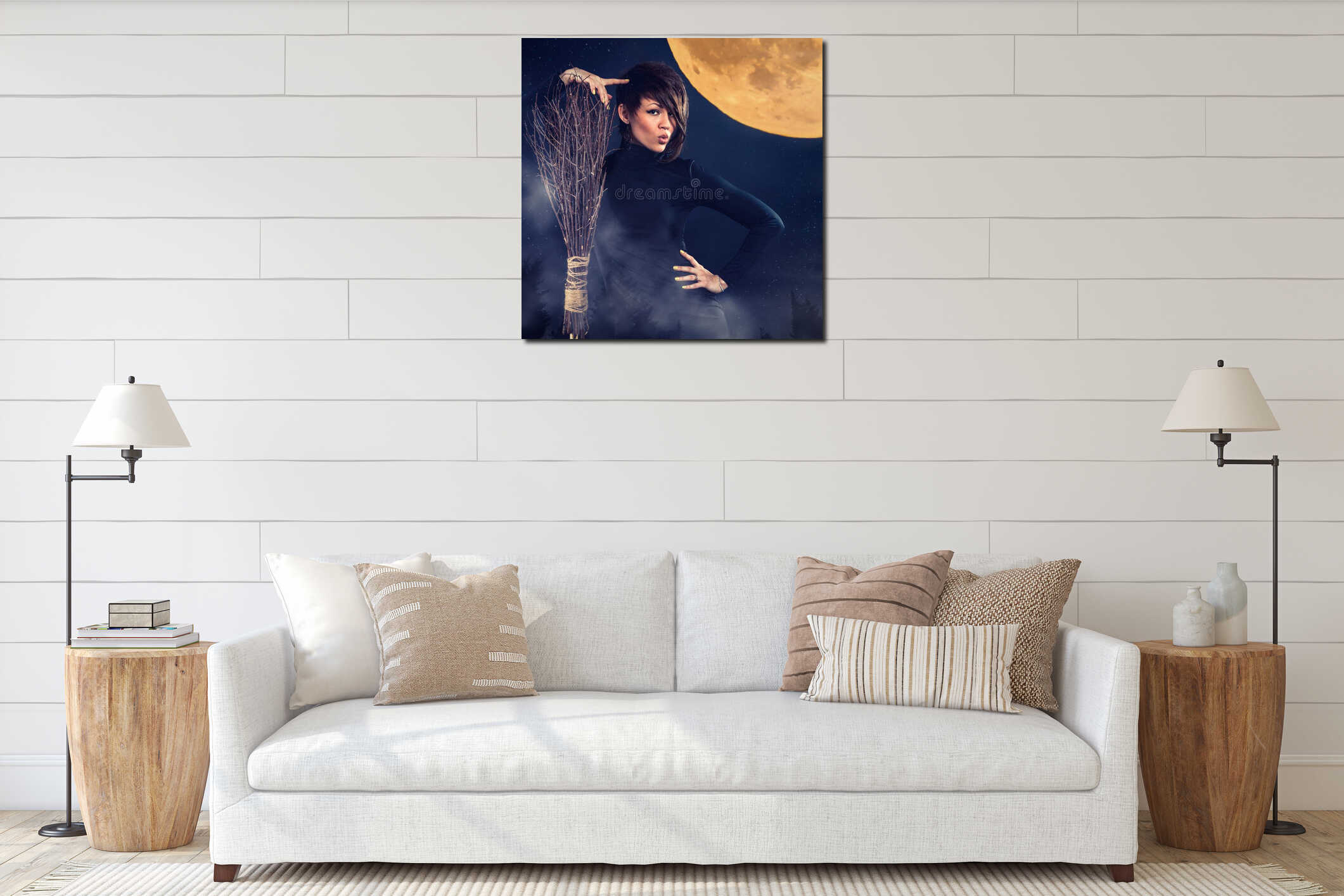 Portrait of the pretty witch on a background of the night sky interior mockup