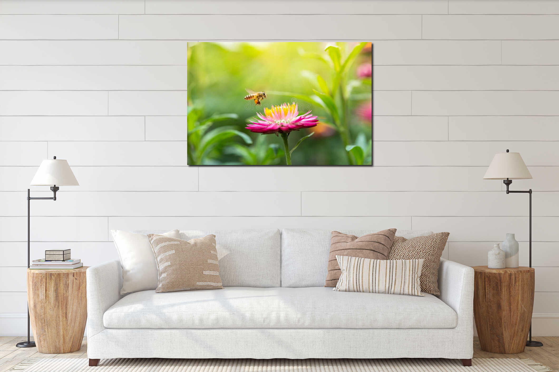 Wonderful photo of a beautiful bee and flowers a sunny day. interior mockup