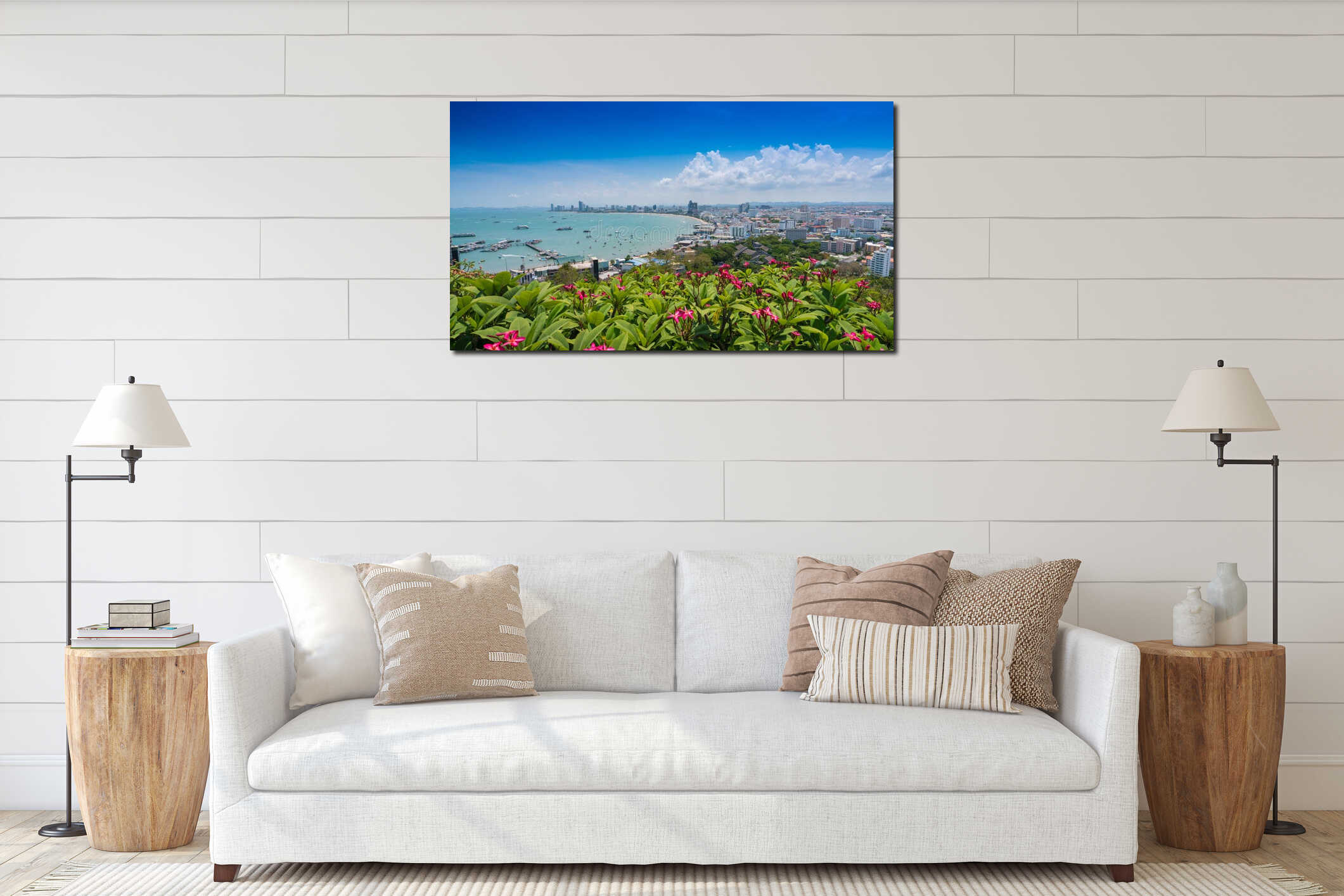 The Bird eye view of Balihai pier at pattaya city,Tourist boats at the Bali Hai pier in Pattaya, Thailand. interior mockup