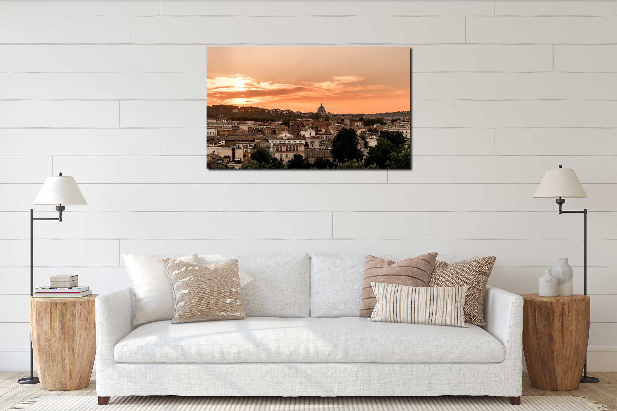 Rome intense sunset. Cityscape panorama twilight interior mockup