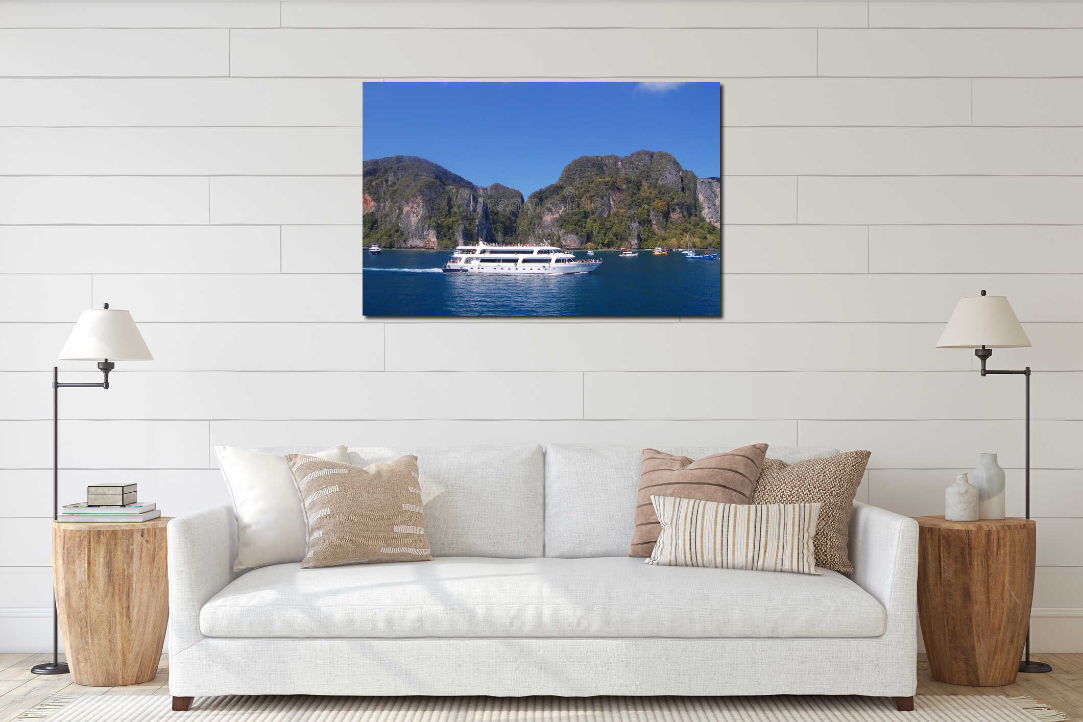 A big ferry running on Maya Bay in Phuket, Thailand interior mockup