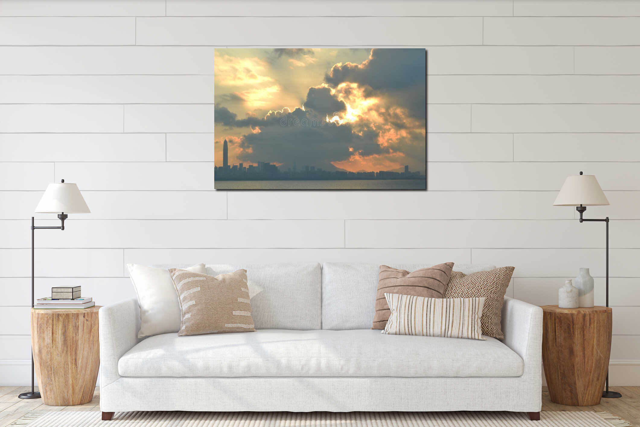 Burned cloud with sunrise interior mockup