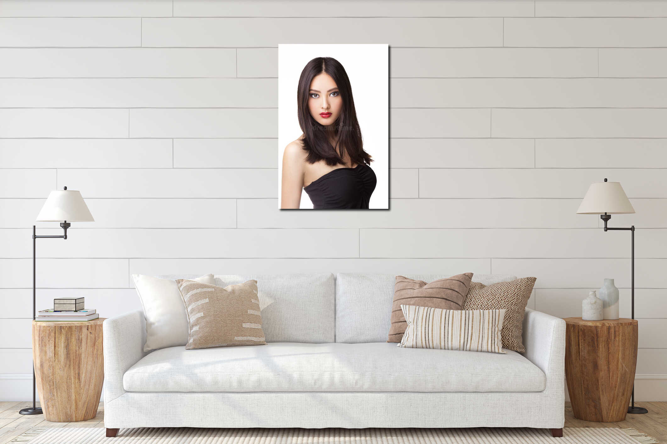Studio fashion shot of Asian woman interior mockup