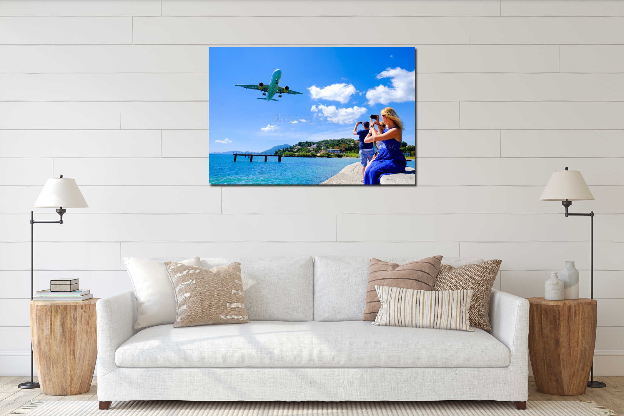 Tourists taking pictures in Corfu. Plane landing interior mockup