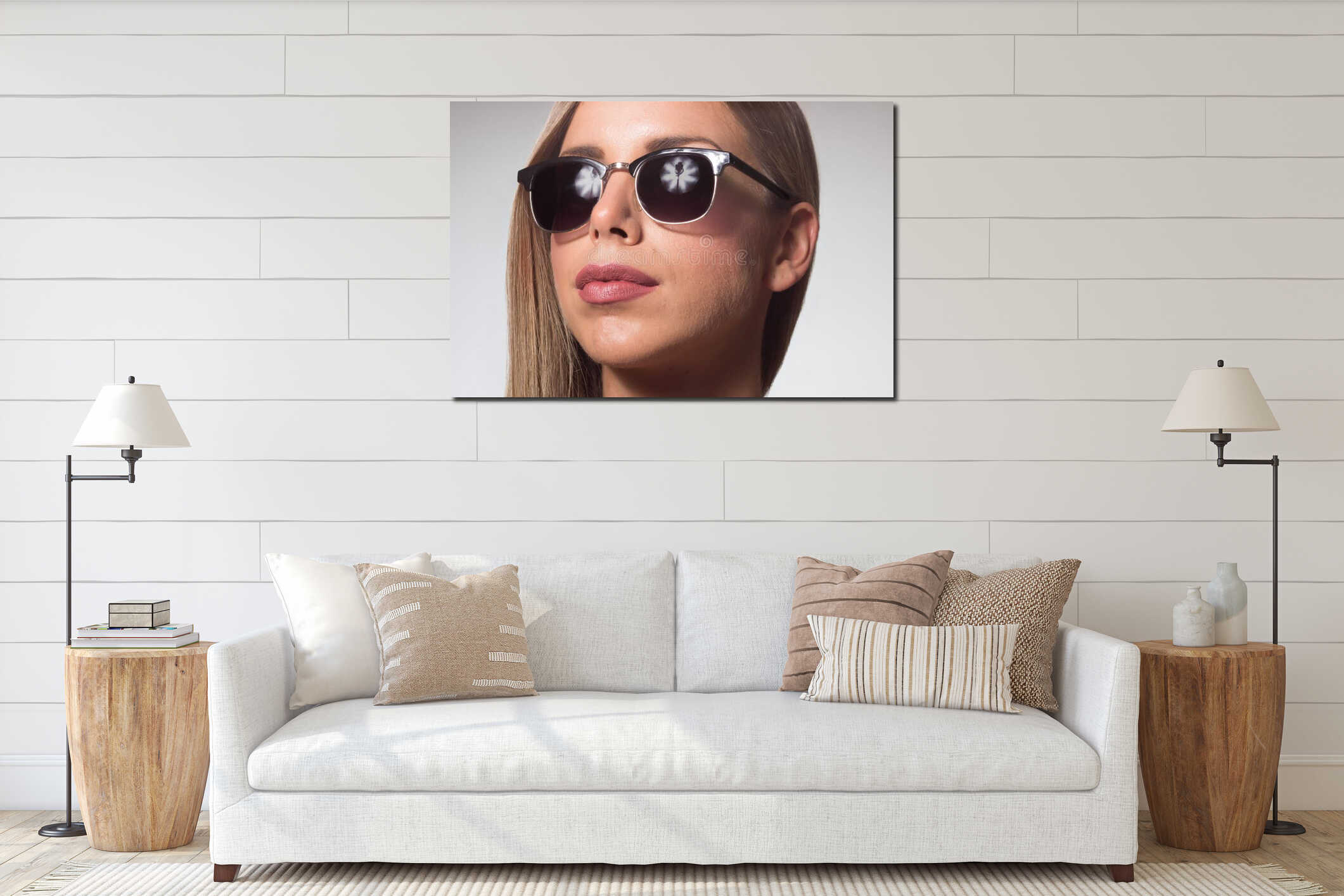 Young woman sunglasses close up head face hair beauty interior mockup