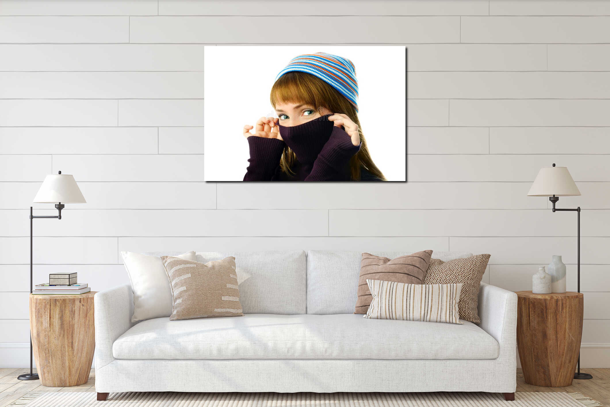 Cheerful girl wearing a warm sweater and a hat interior mockup