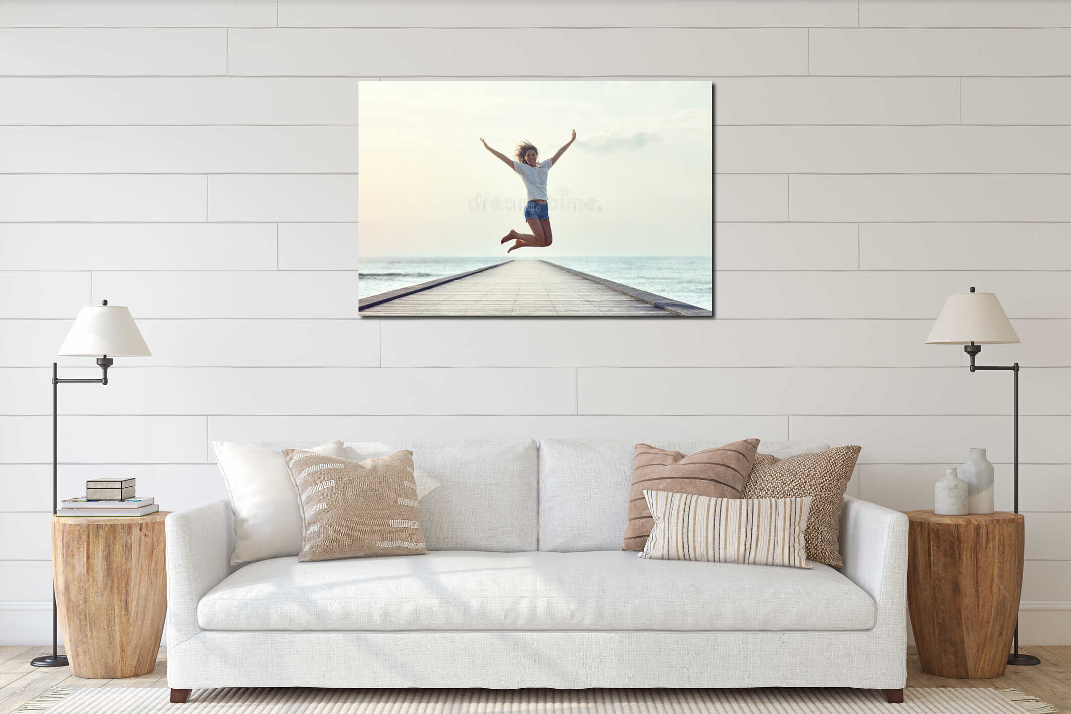 Happy jumping girl on the pier interior mockup
