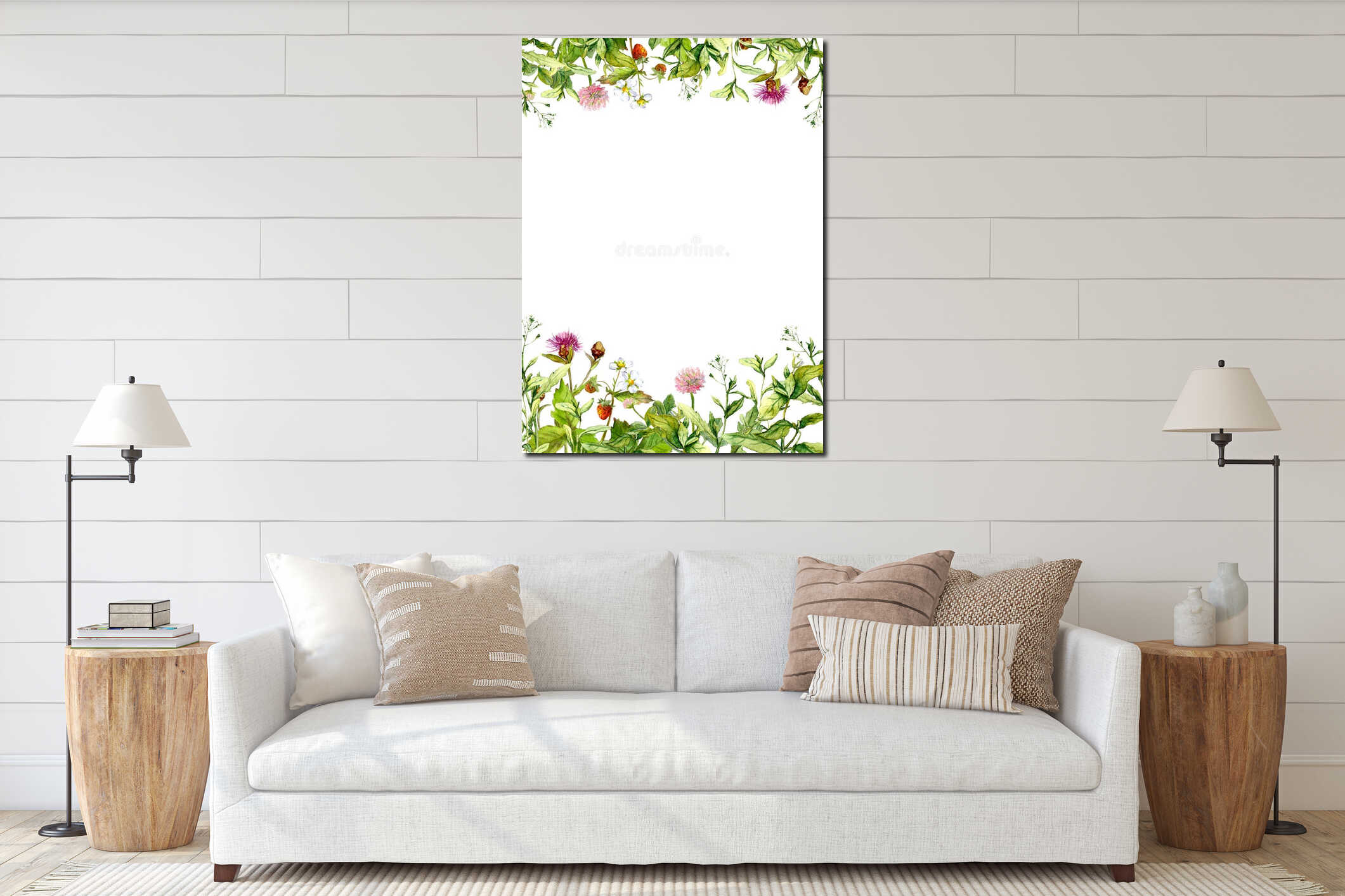 Blossom flowers, spring grass, herbs. Floral frame border. Watercolor interior mockup