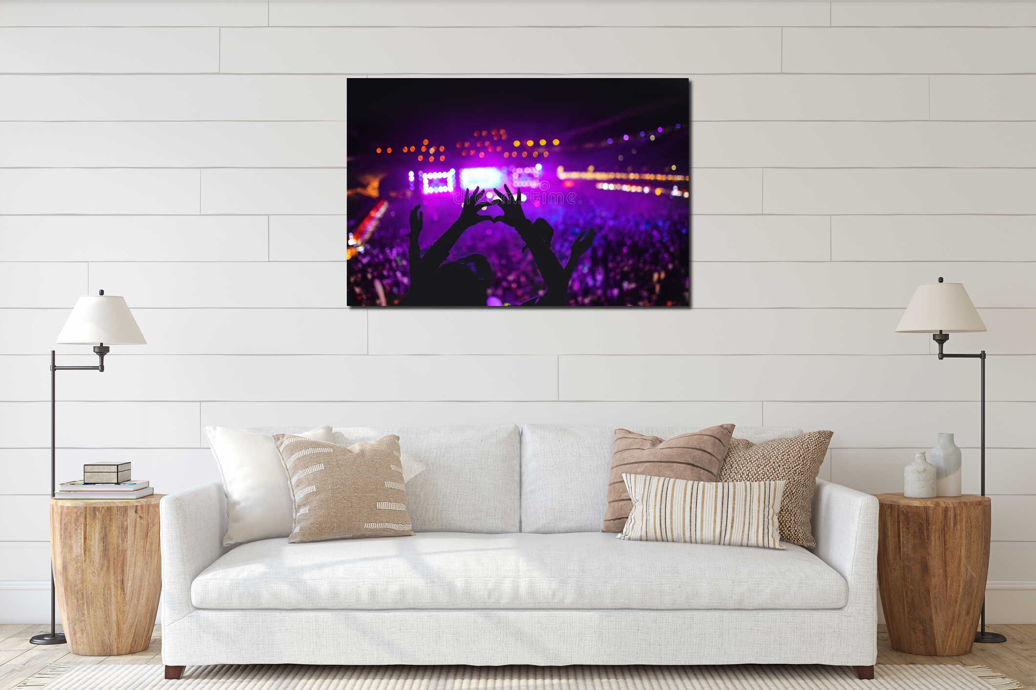 Heart shaped hands showing love at festival. Silhouette against concert Lights background interior mockup