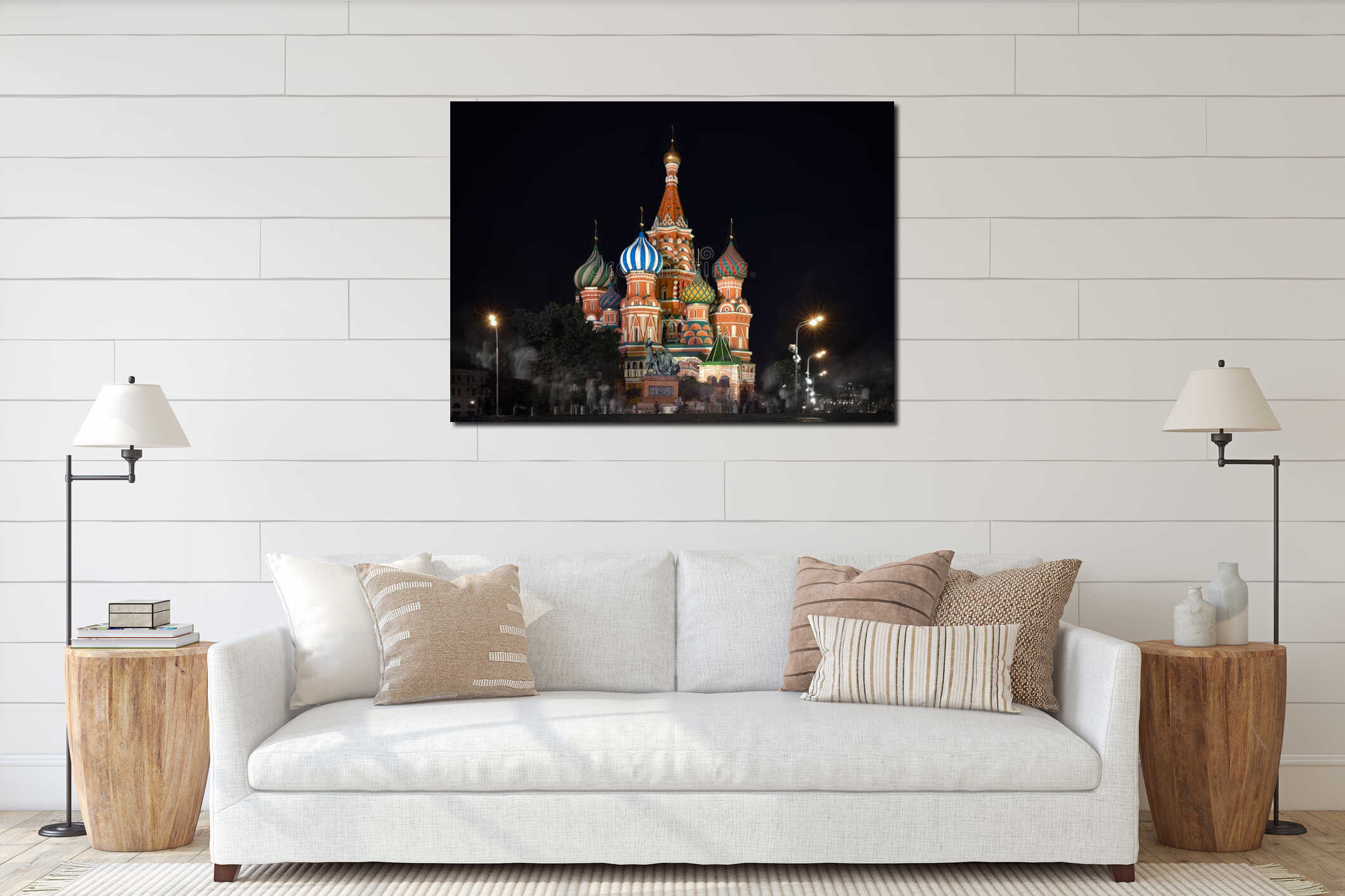 MOSCOW, Russia - August 06 2016: Saint Basil's Cathedral in nigh interior mockup