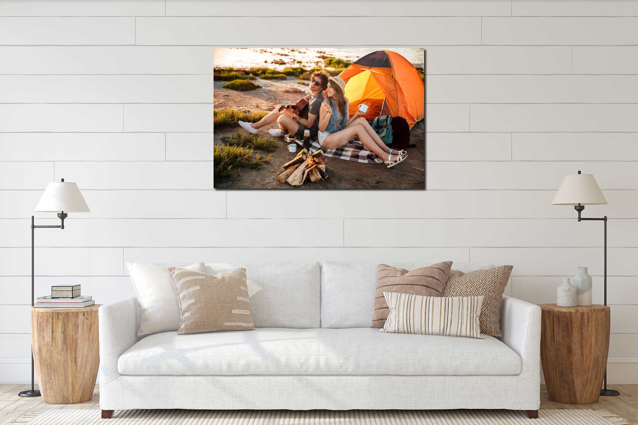 Happy young cheerful couple in love having fun camping interior mockup