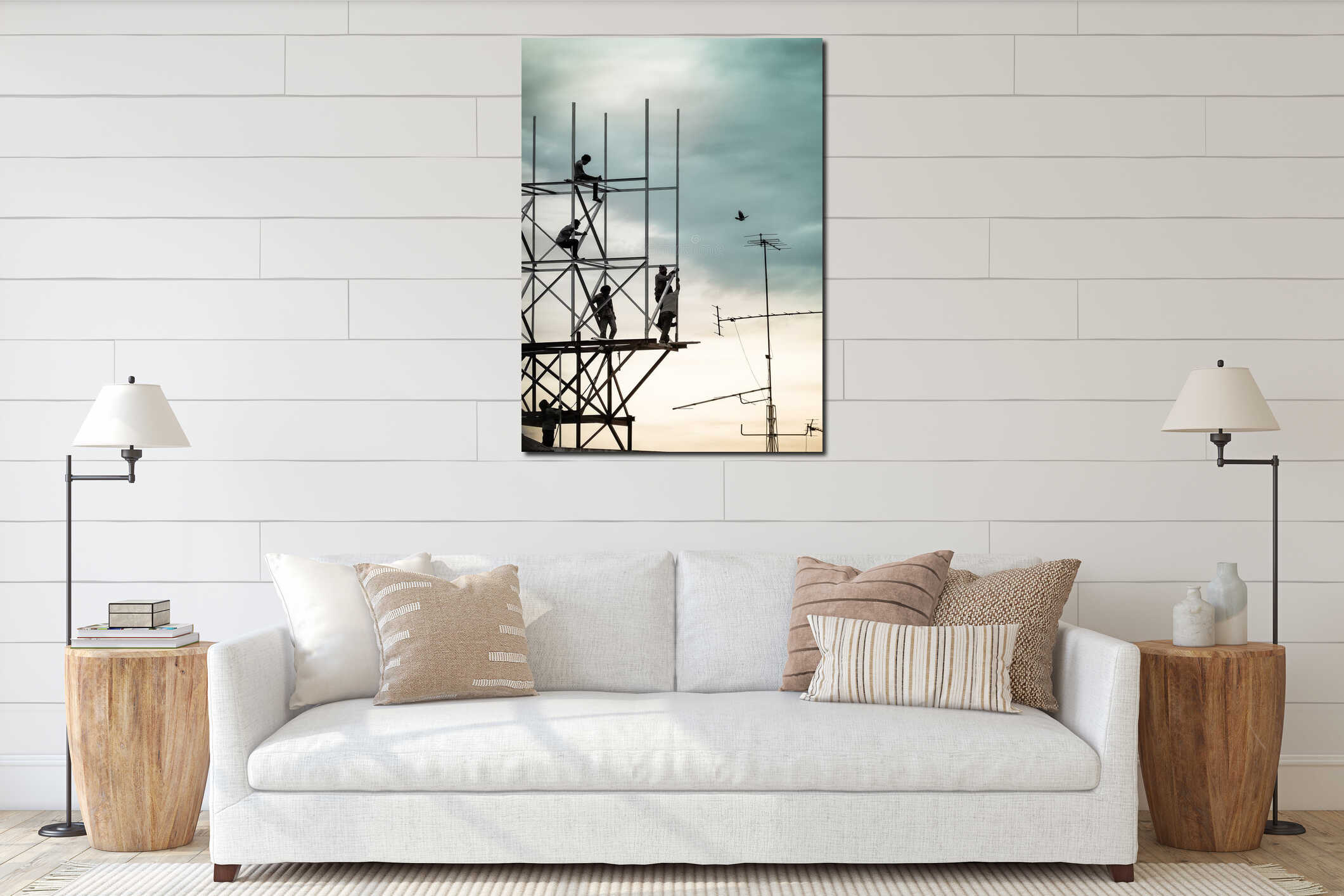 Group of workers are climbing poles to install billboards interior mockup