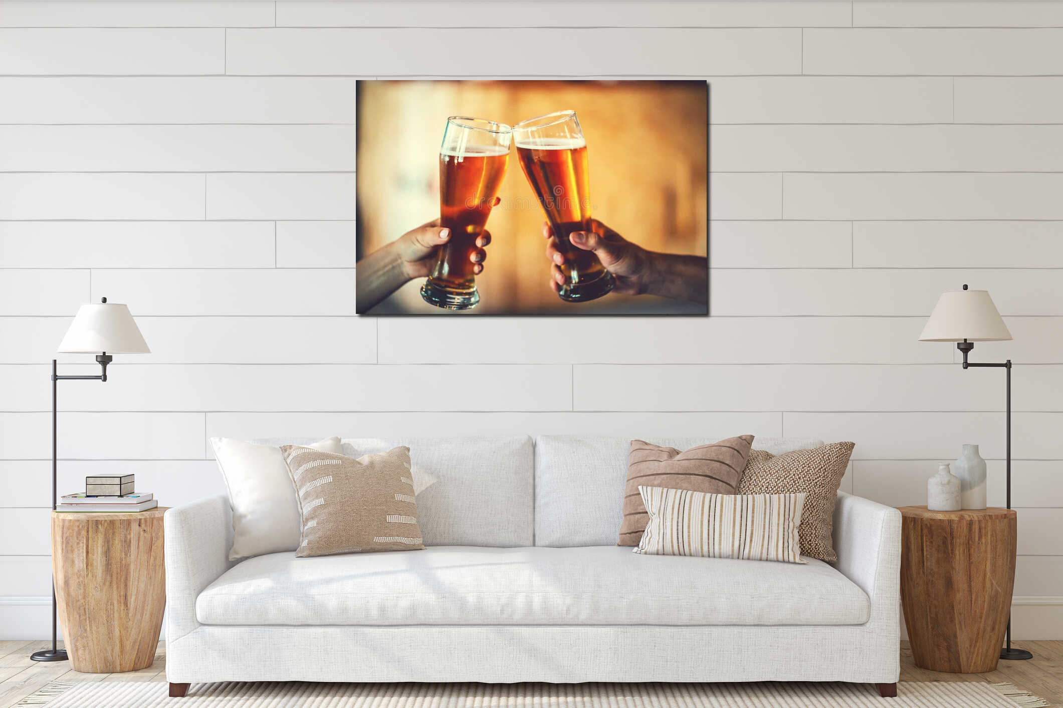 Two friends toasting with glasses of light beer at the pub interior mockup