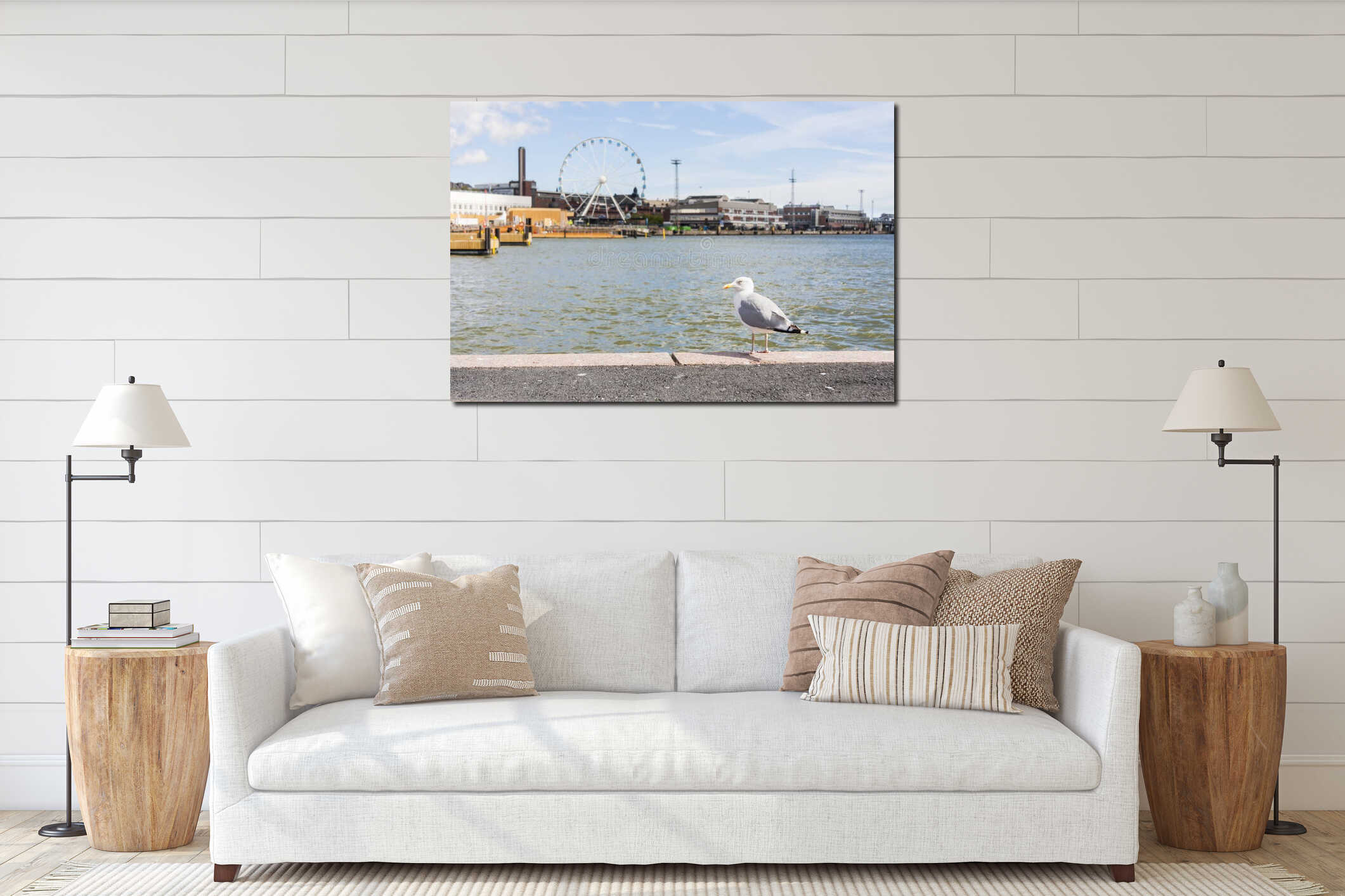Seagull in front of cityscape of Helsinki, Finland interior mockup