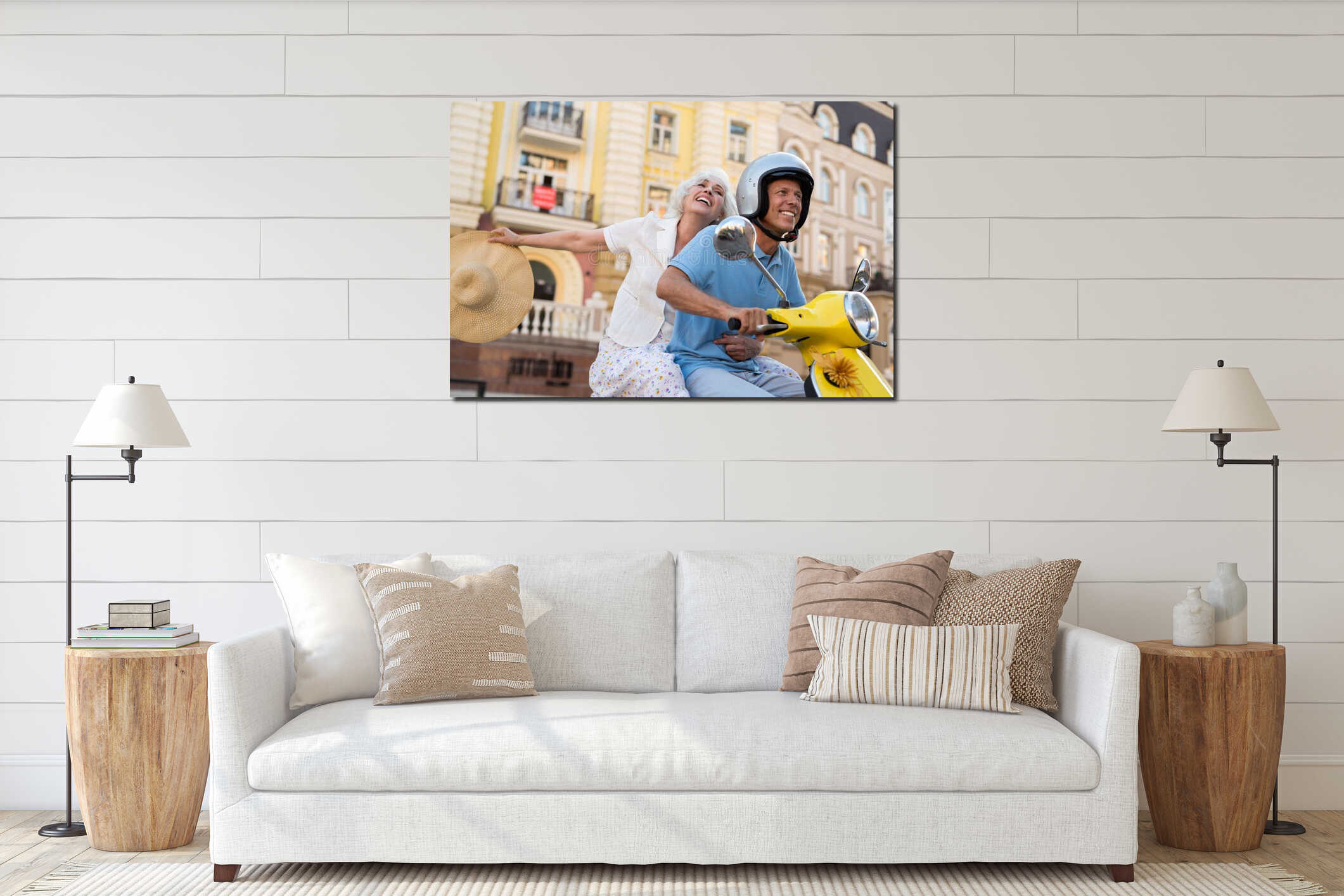 Smiling mature couple rides scooter. interior mockup