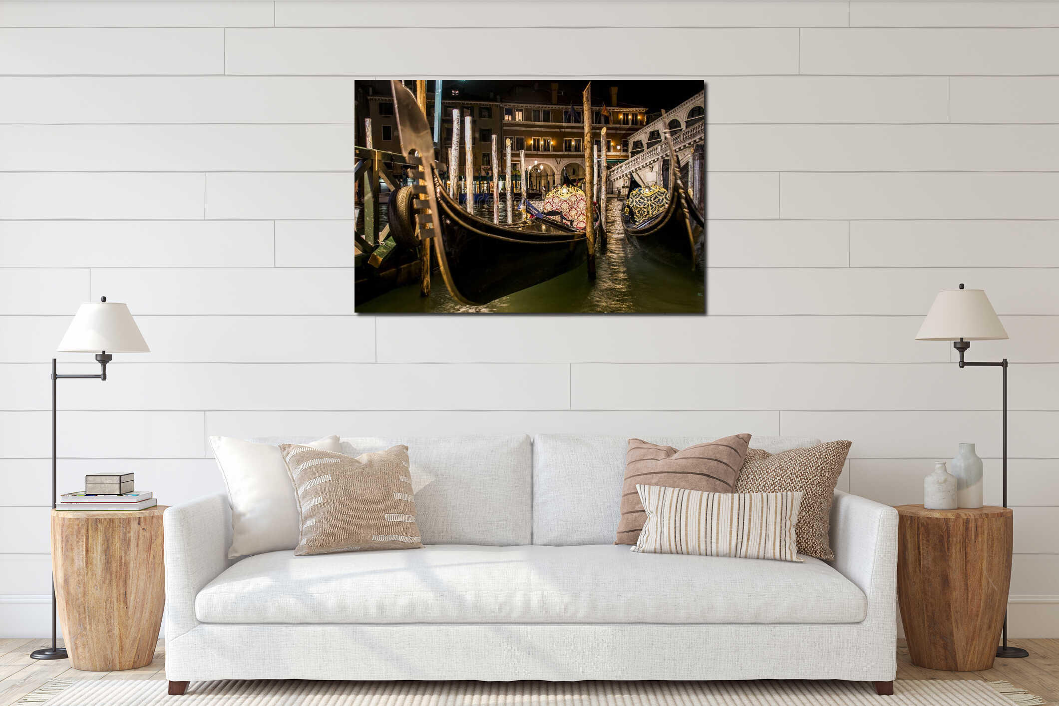 Canal with boats and gondola in romantic Venice interior mockup