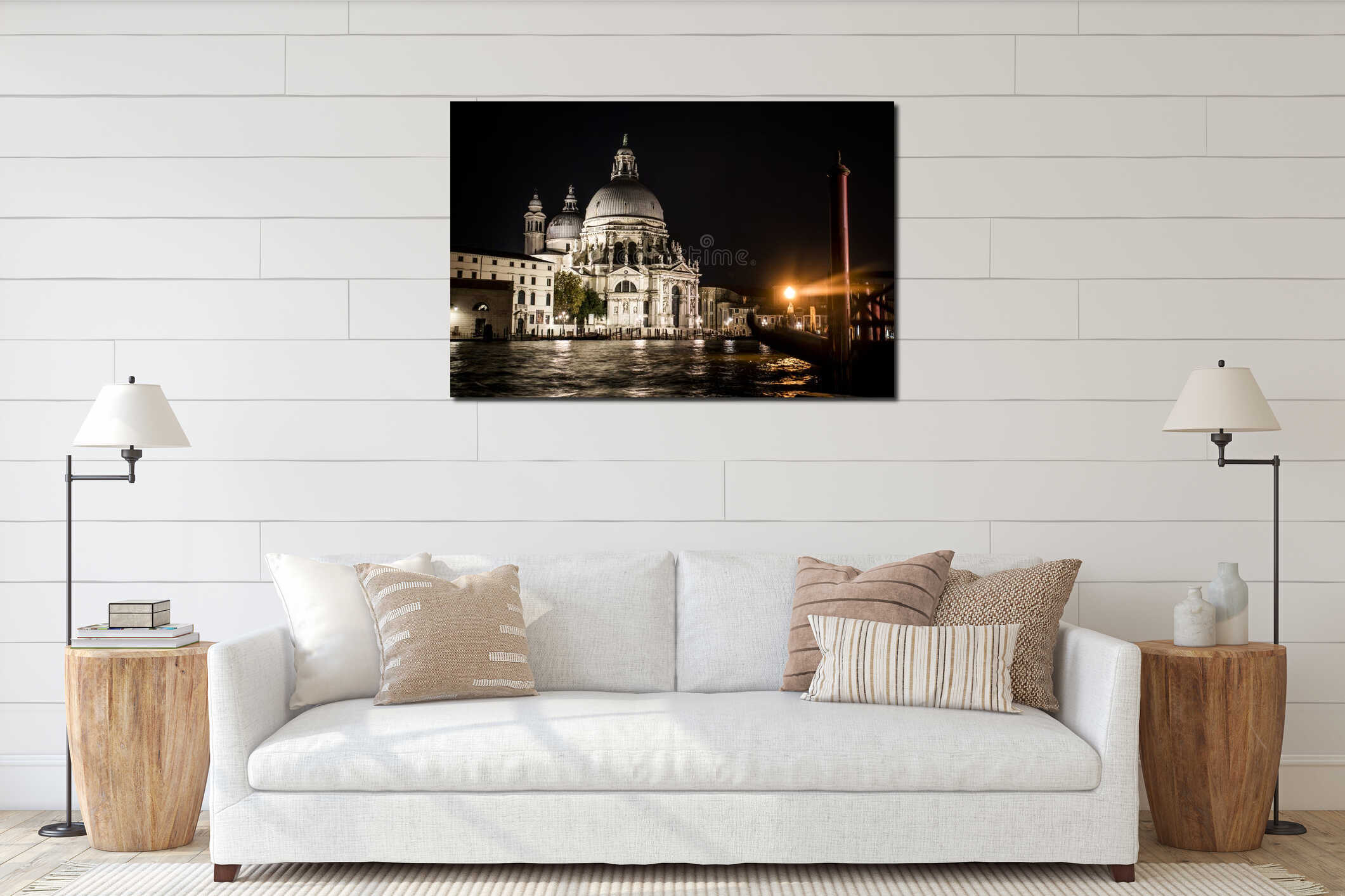 Canal with boats and gondola in romantic Venice interior mockup