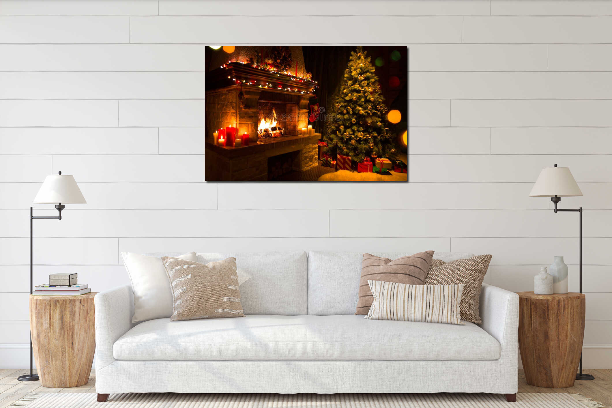 Christmas interior with tree, presents and fireplace interior mockup