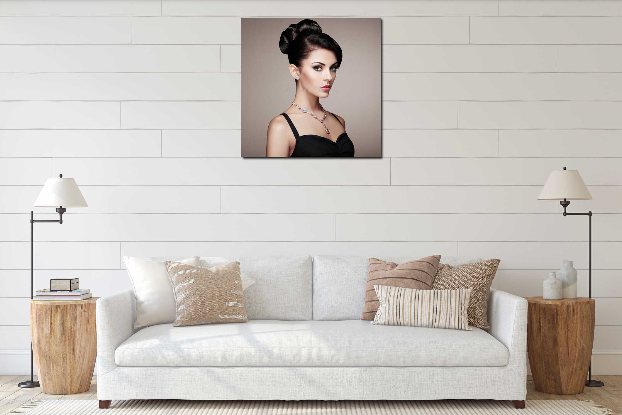 Fashion portrait of young beautiful woman with elegant hairstyle interior mockup