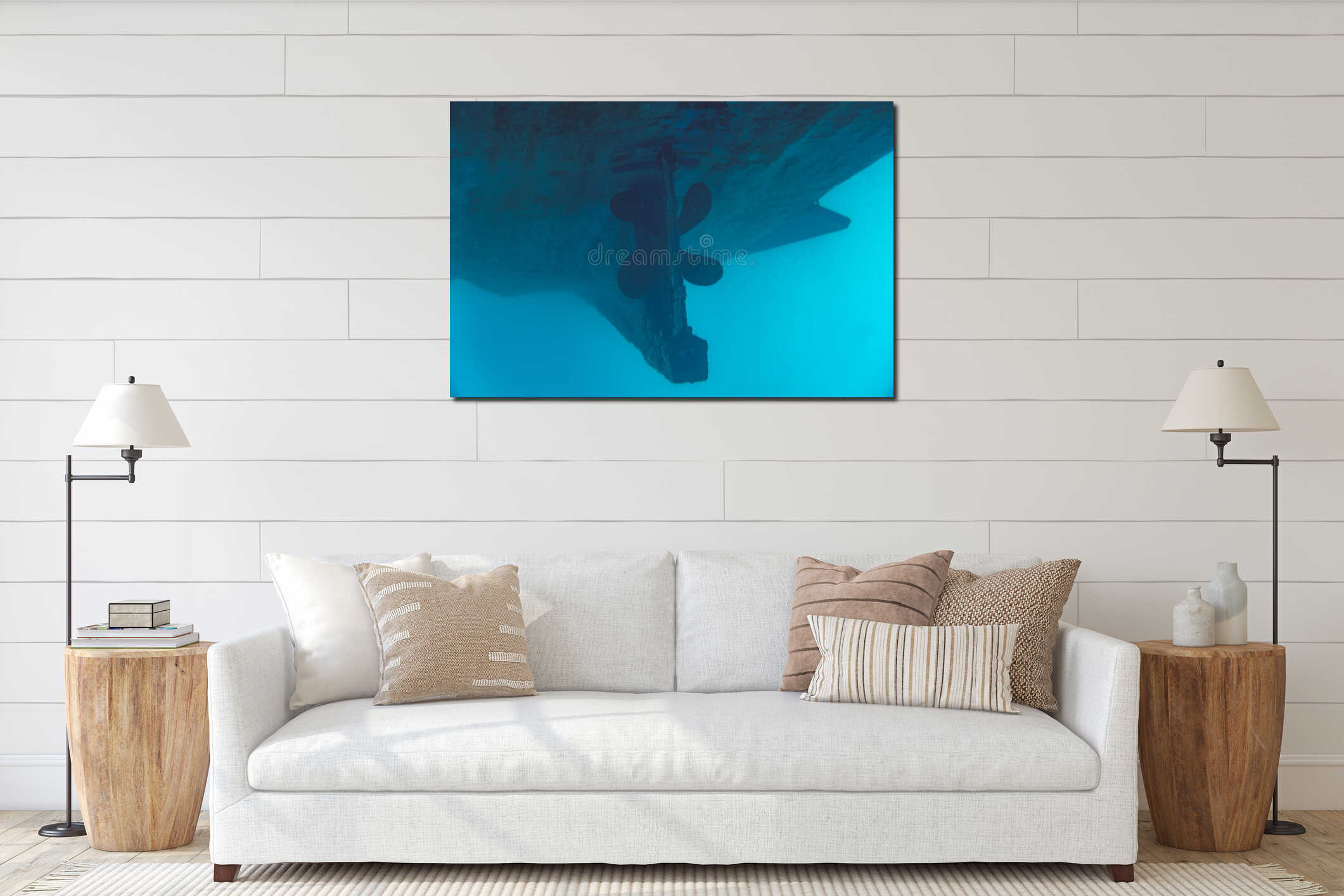 Boat propeller and rudder on a large vessel in water interior mockup