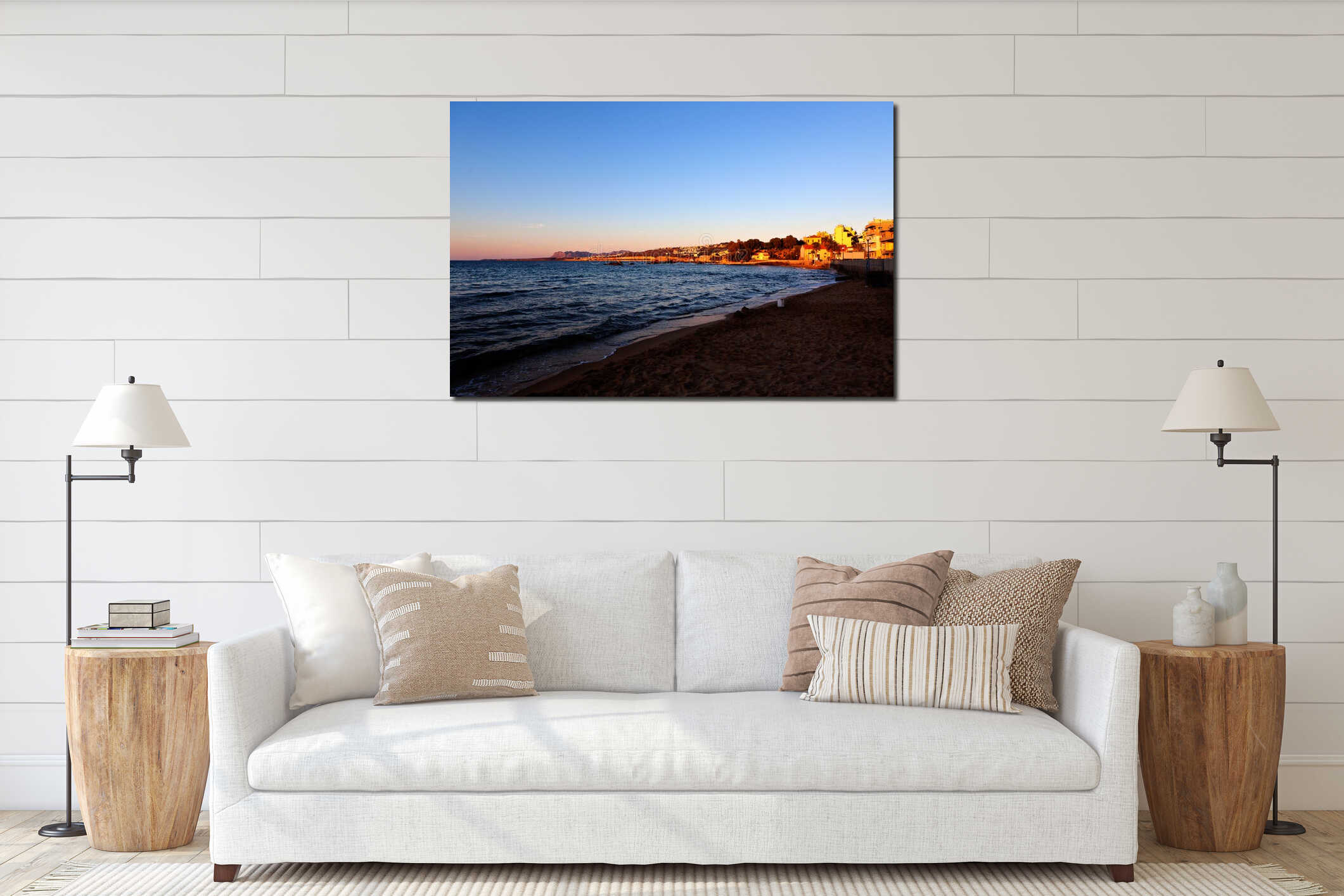 Evening bay harbor Hania city, Crete, Greece interior mockup