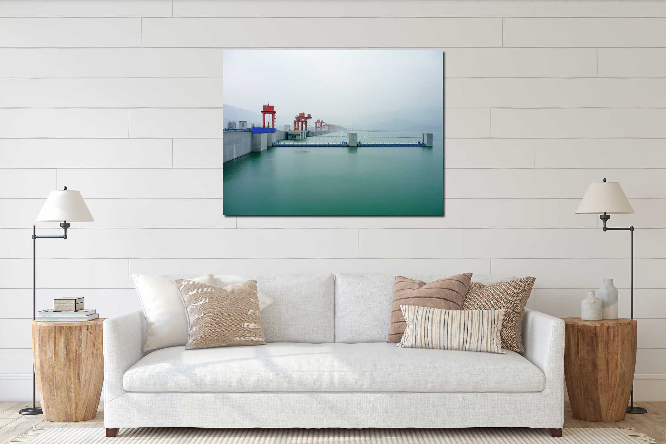Pastel Green Serene sight on foggy day at the three Gorges Dam in China along Yangtze River interior mockup